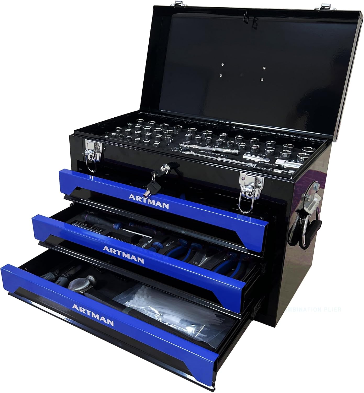 439 Piece Mechanics Tool Set, 3 Drawer Heavy Duty Metal Box with Household Tool Kit, Portable Tool Organizer Case for Auto Repair, Garage, Warehouse, Workshop, Repair Shop (Blue & Black)