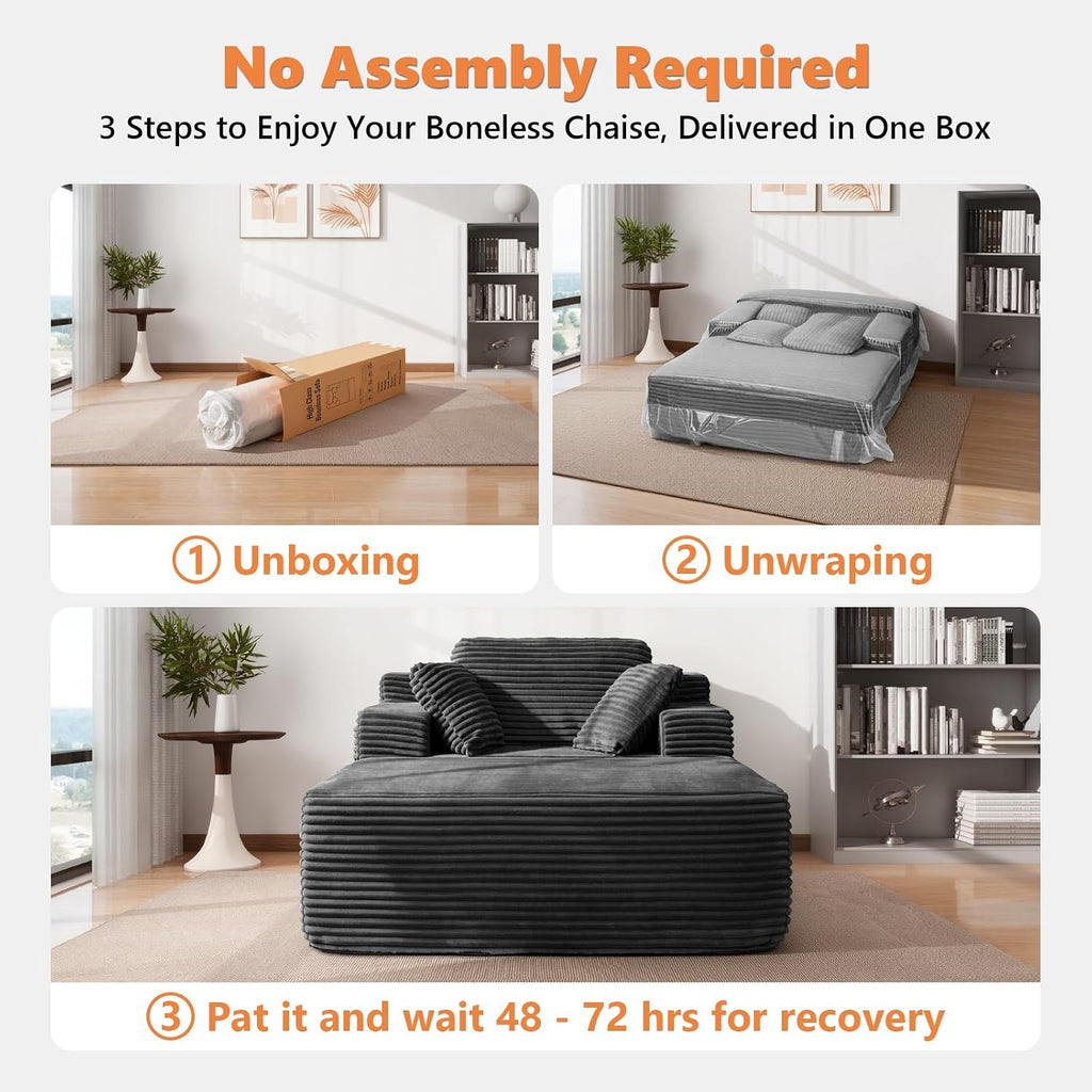 67' Oversized Chaise Lounge Chair Indoor with Double Side Pockets, Corduroy Deep Seat Couch, Boneless Couches for Living Room, No Assembly, Grey