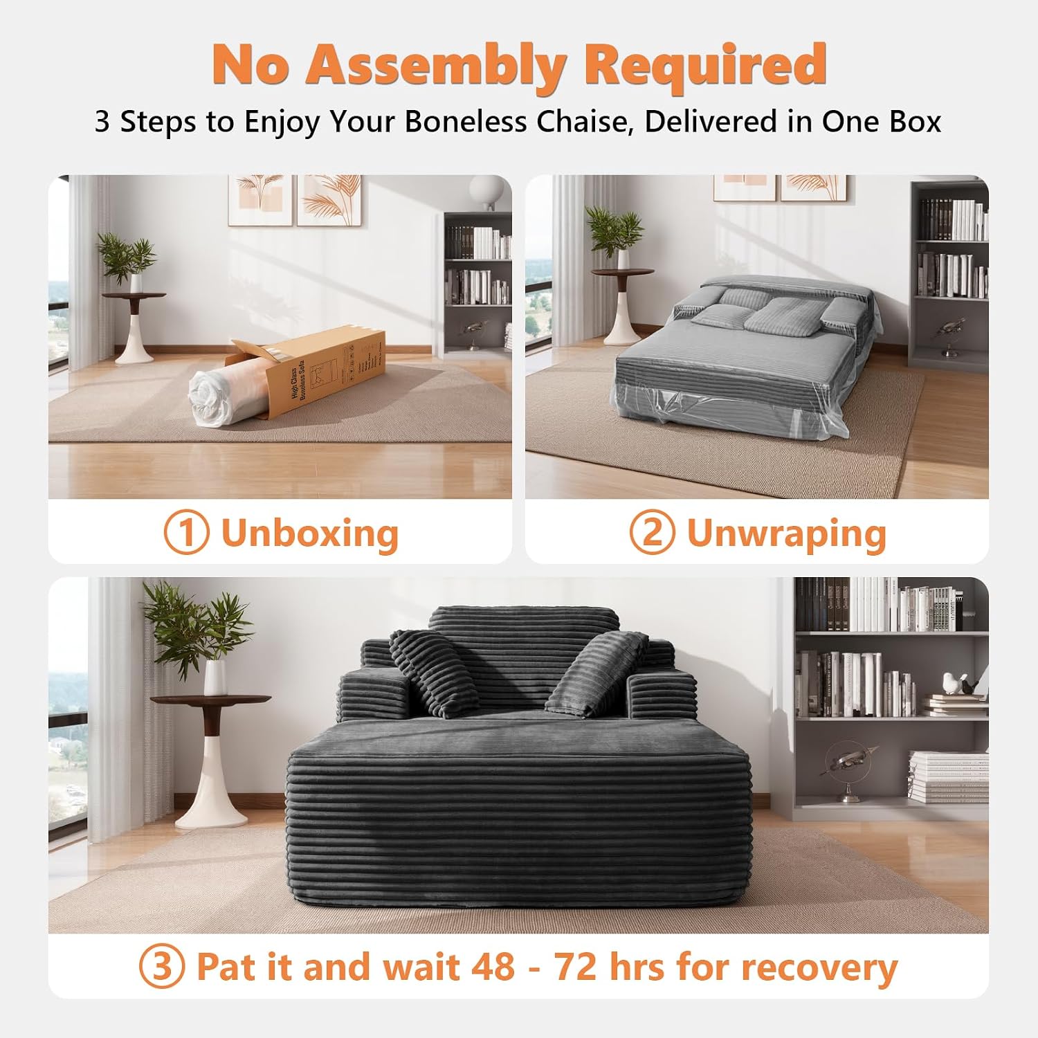 67' Oversized Chaise Lounge Chair Indoor with Double Side Pockets, Corduroy Deep Seat Couch, Boneless Couches for Living Room, No Assembly, Grey