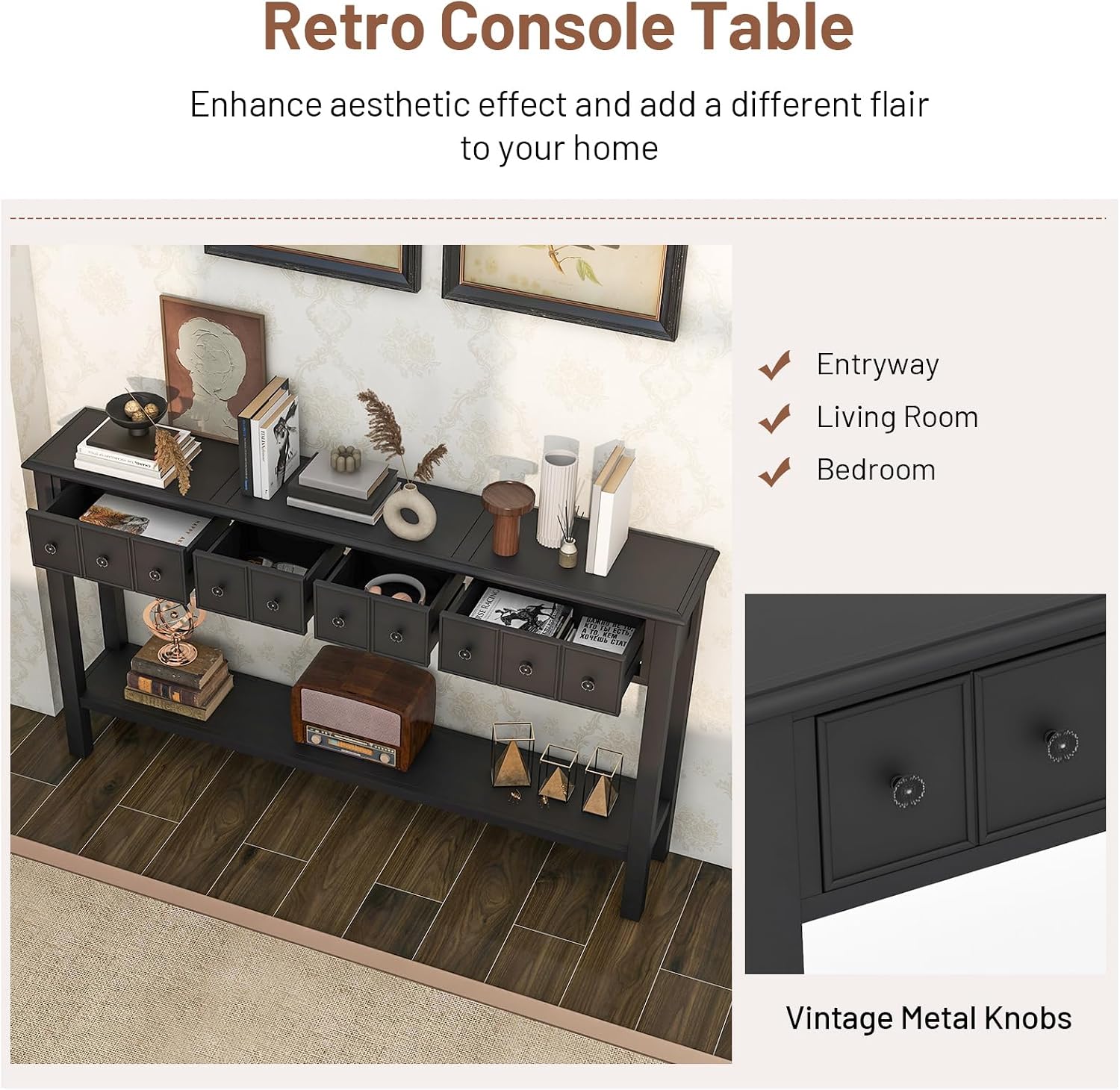 Giantex Narrow Console Table with Storage - 60' Long Sofa Side Table w/ 4 Drawers & Open Shelf, Solid Wood Legs, Rectangular Entry Table, Retro Entryway Table for Living Room Hallway, Foyer, Black