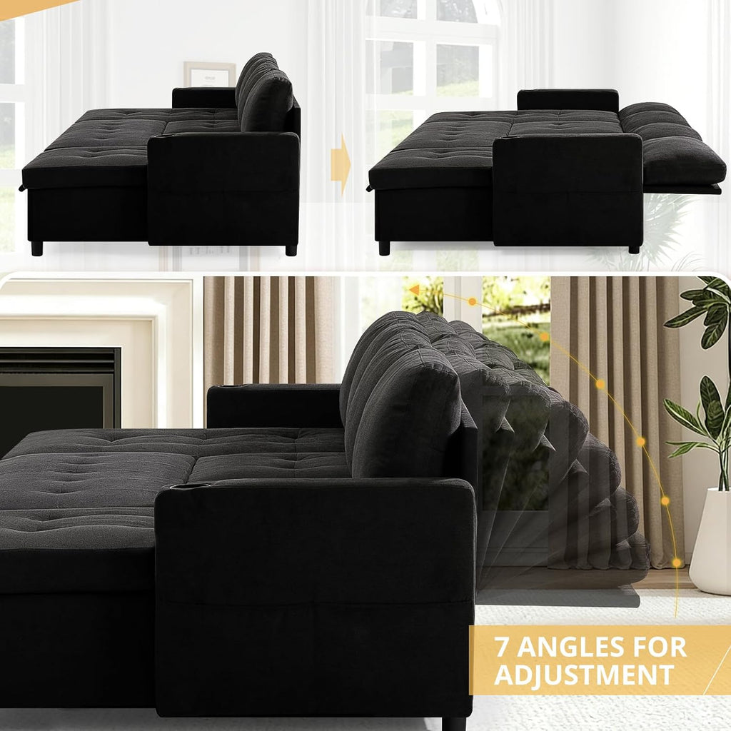 110' Fabric Pull-Out Couch Bed w/Adjustable Backrests, Sectional Sleeper Sofa w/USB Ports & 2 Cup Holders, Upholstered U-Shaped Couch w/Storage Chaise for Living Room, House, Black