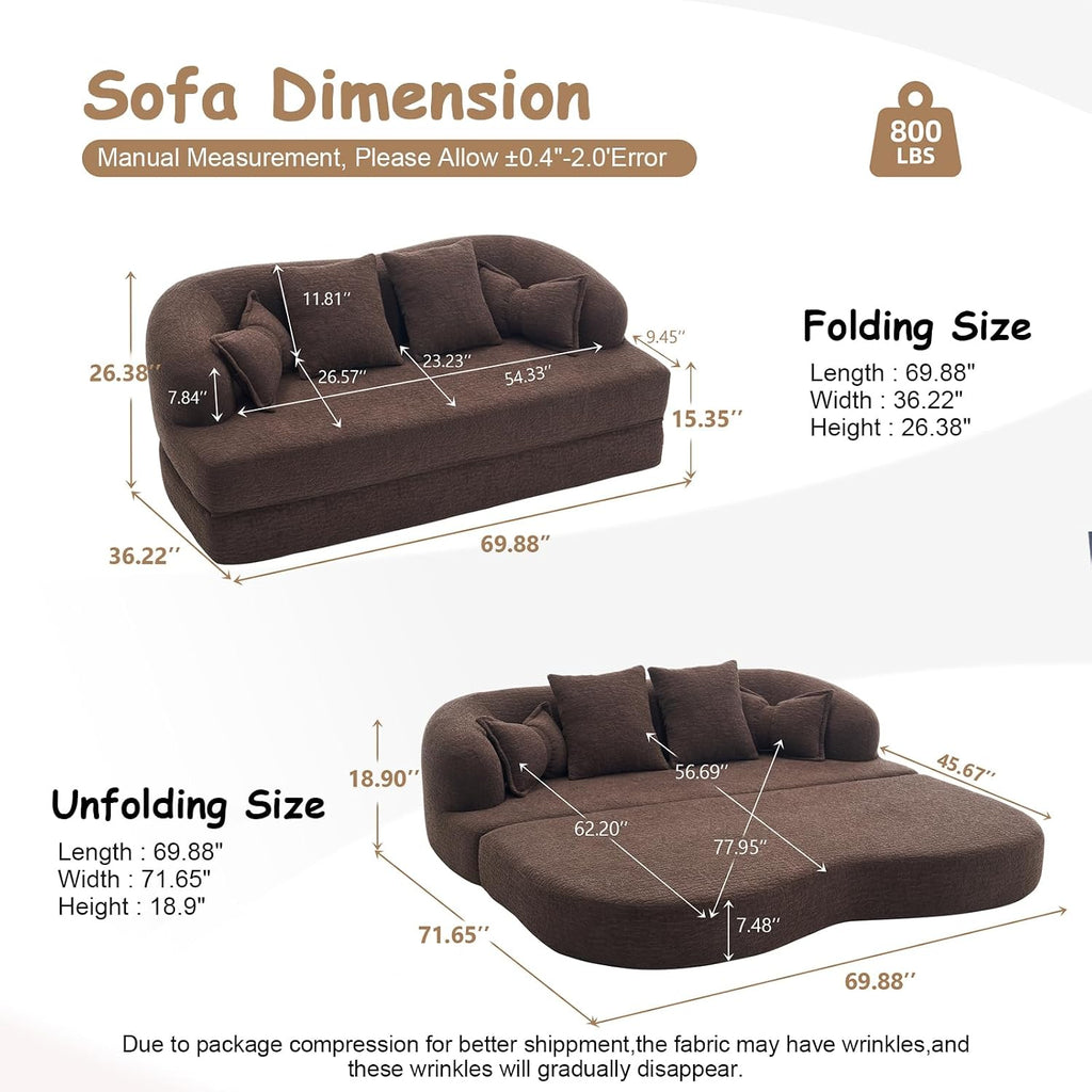 70' Convertible Sofa Bed, 2-in-1 Boneless Sleeper Sofa, Soft Chenille Folding Sofa Loveseat with 4 Pillows, Love Seat Small Couch for Small Spaces, Living Room, Bedroom, No Assembly