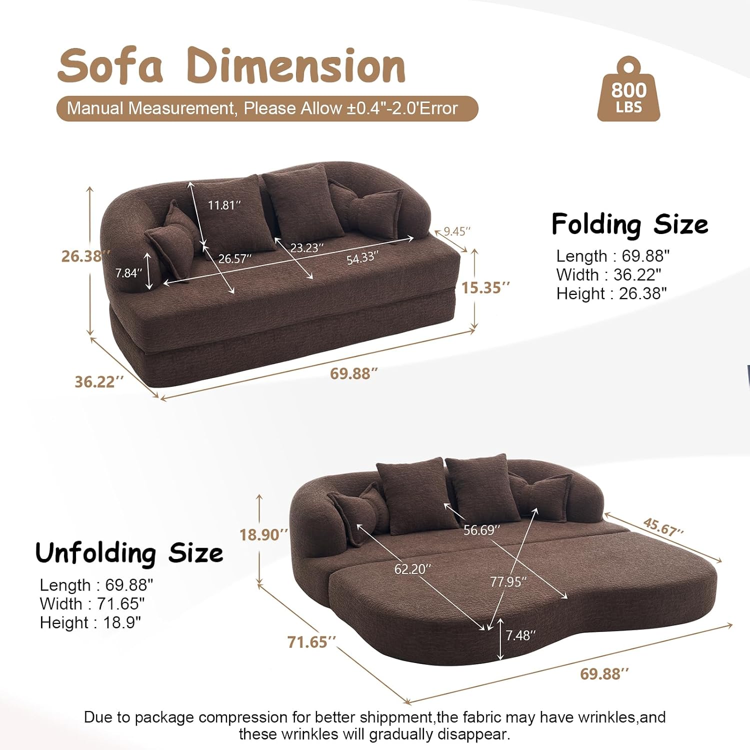 70' Convertible Sofa Bed, 2-in-1 Boneless Sleeper Sofa, Soft Chenille Folding Sofa Loveseat with 4 Pillows, Love Seat Small Couch for Small Spaces, Living Room, Bedroom, No Assembly
