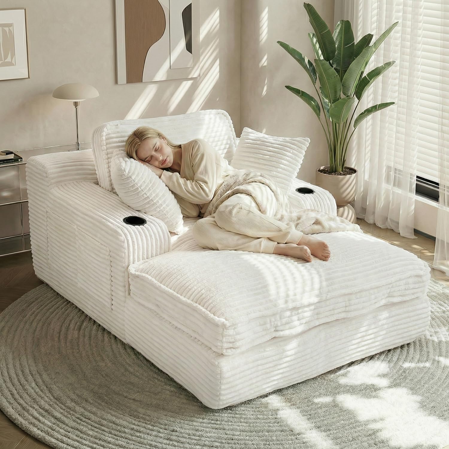 67' Oversized Chaise Lounge Chair Indoor, Soft Boneless Cloud Couch with 3 Pillows, 4 Side Pockets and 2 Cup Holders, Comfy Corduroy Sleeper Couch for Living Room Bedroom