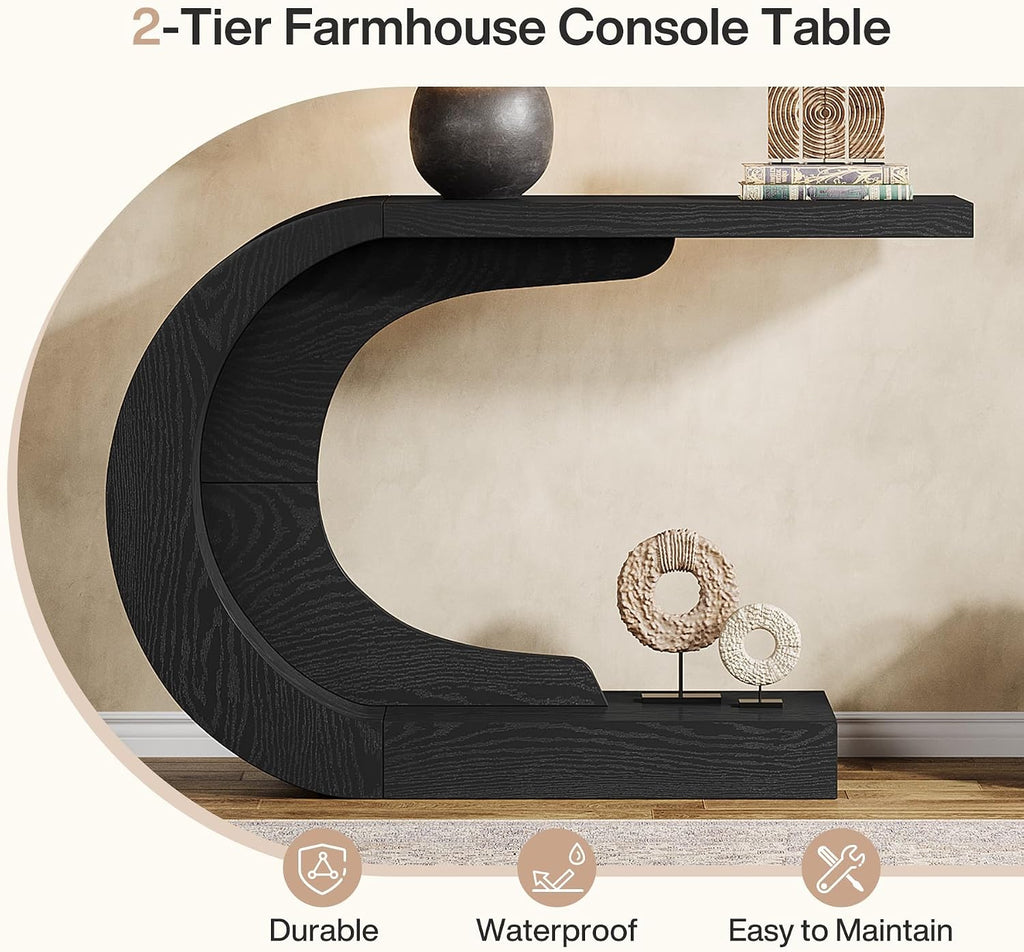 Tribesigns 43.3' Farmhouse Console Table for Entryway, Unique C-Shaped Rustic Sofa Table Behind Couch with Storage for Living Room, Hallway, Entry, Entrance, Foyer, Easy Assembly, Black