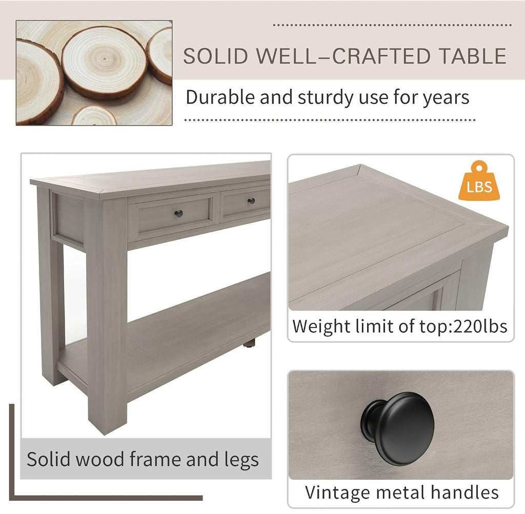 GDFStudio Farmhouse Console Table with 4 Drawer 63' Long Rustic Entryway Table with Open Storage Shelves Vintage Metal Handle Narrow Foyer Sofa Tables for Living Room Entryway Hallway, Gray Wash