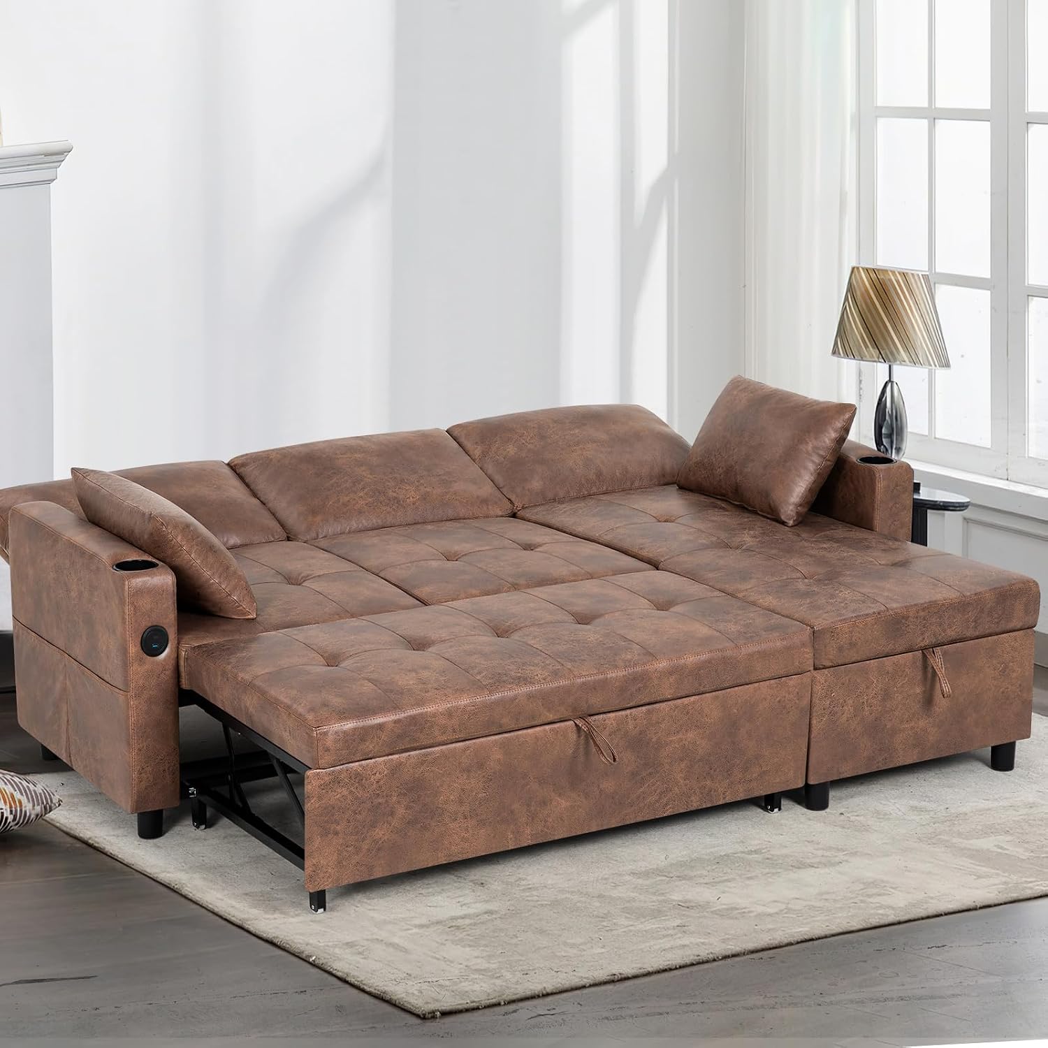 84' L-Shape Pull Out Sofa Bed with Adjustable Backrest, Upholstered Sectional Sleeper Sofa with Storage Chaise, Suede Leather Reversible Couch Bed with USB Port for Living Room, House, Brown