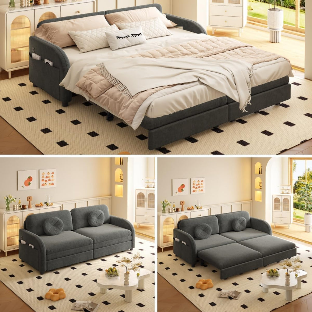 65.4'' Pull Out Couch Bed Queen Size, Chenille Sleeper Sofa Daybed, 3 in 1 Convertible Couches, Futon Sofa with 2 Pillows, Storage Pockets, USB, Loveseat for Small Spaces, Living Room, Grey