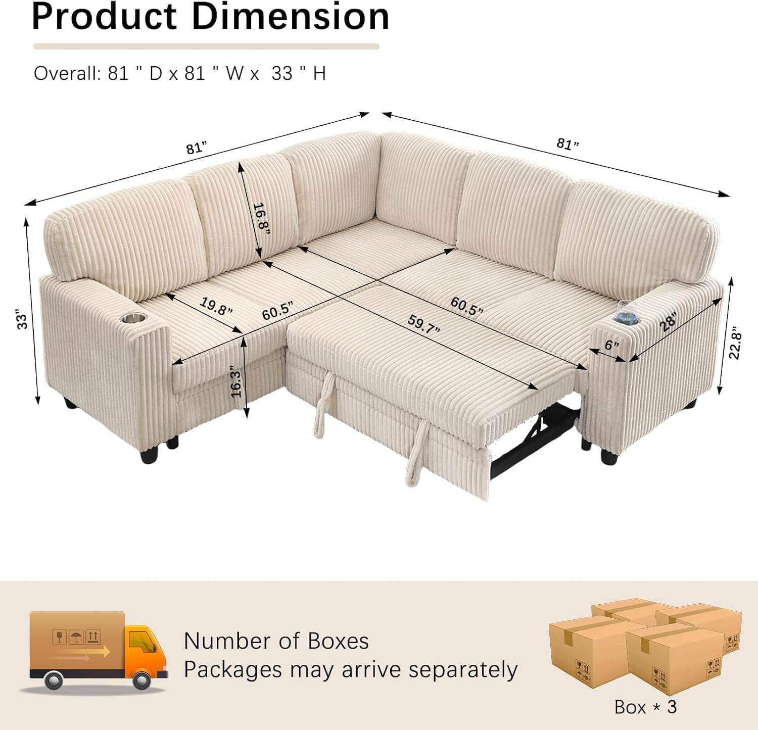 81' Modular Sectional Sofa, L Shaped 5-Seater Sleeper Sofa with Pull Out Bed, Hidden Storage, Cup Holders & USB Charging Ports, Sectional Couches for Living Room, Corduroy, Beige