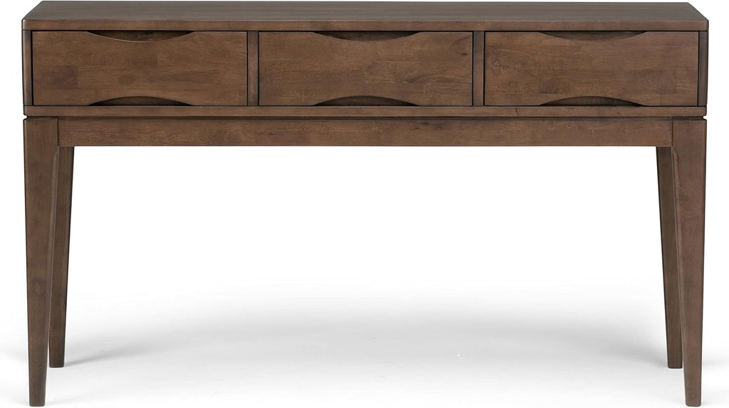 SIMPLIHOME Harper Console Table - 54 Inch Wide Solid Hardwood Sofa Table in Walnut Brown, Mid-Century Modern Storage Table for Entryway or Living Room with 3 Drawers, Notched Handles, and Tapered Legs