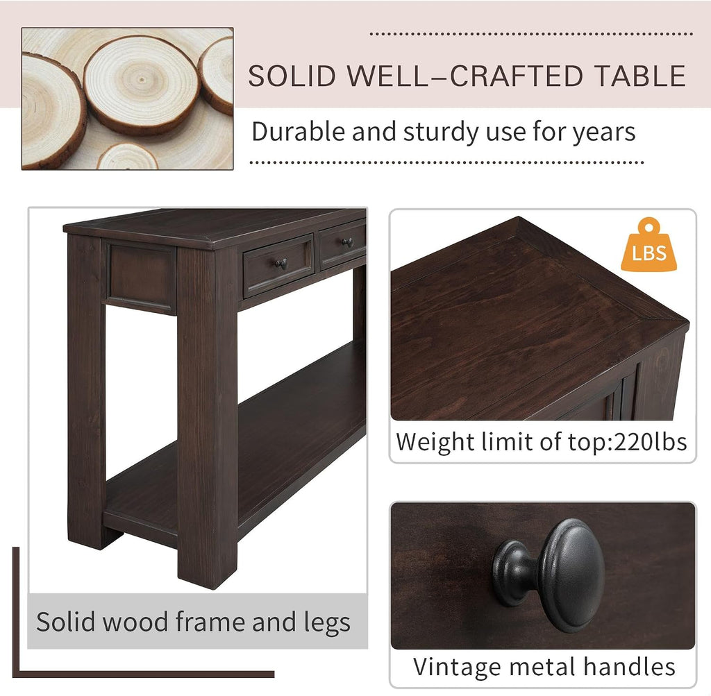 GDFStudio Farmhouse Console Table with 4 Drawer 63' Long Rustic Entryway Table with Open Storage Shelves Vintage Metal Handle Narrow Foyer Sofa Tables for Living Room Entryway Hallway, Espresso Brown