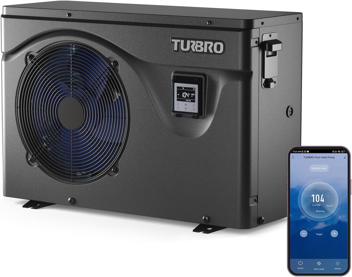 TURBRO 50,000 BTU Inverter Swimming Pool Heat Pump, Up to 15,000 Gallons, Electric Pool Heater for in and Above-Ground Pools, WiFi Enabled, 15.90 COP, 220-240 V, IPX4-Waterproof, Beluga B50V