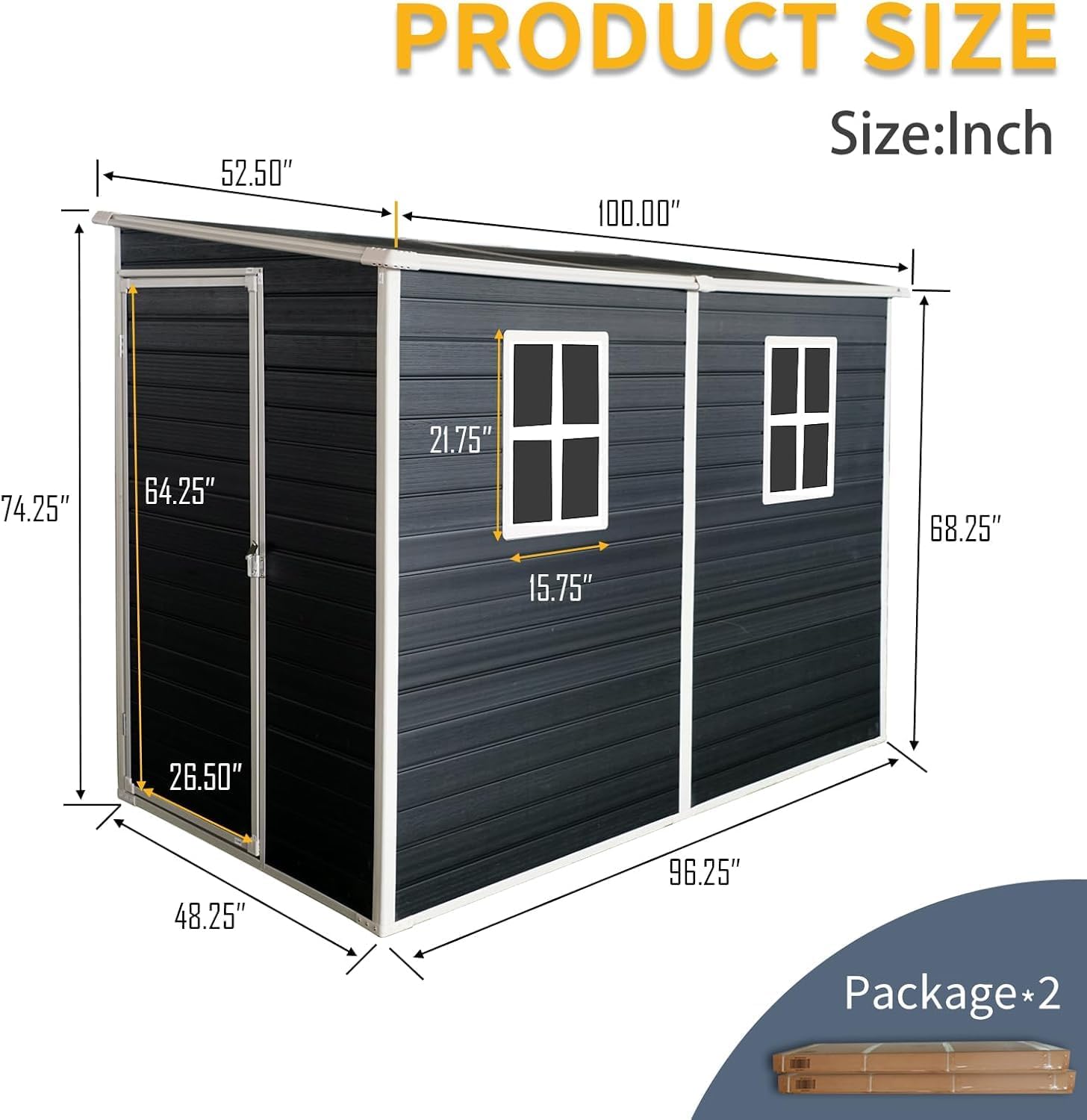 KUIKUI 8x4 FT Shed with Floor Included, Storage Sheds Plastic Sheds, Lean to Shedwith 2 Windows and Lockable Door, Backyard Storage Sheds for Garden Tools, Bike, Black