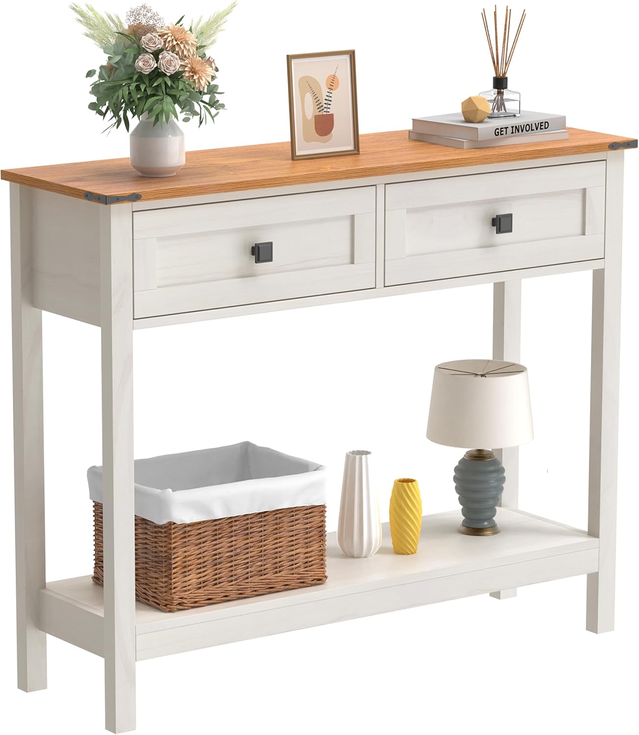 Trironsun Farmhouse Console Table with 2 Drawer for Entryway Rustic Sofa Table with Open Storage Shelf Hallway Table with Wooden Frame for Bedroom Living Room