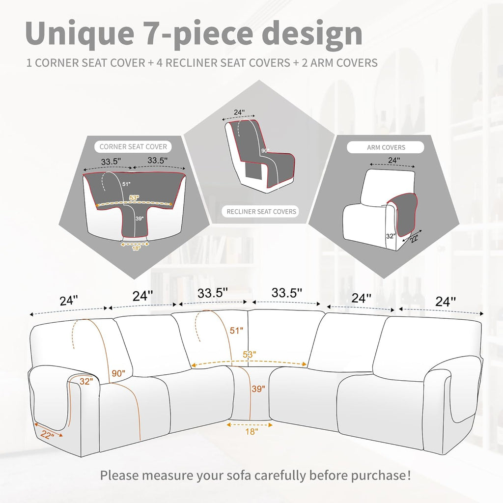 Waterproof Sectional Reclining Couch Covers L Shaped Recliner Sectional Sofa Cover 7 Piece Non Slip Washable Corner Recliner Slipcover Set for Pet Dog (5 Seater Cover, Camel)