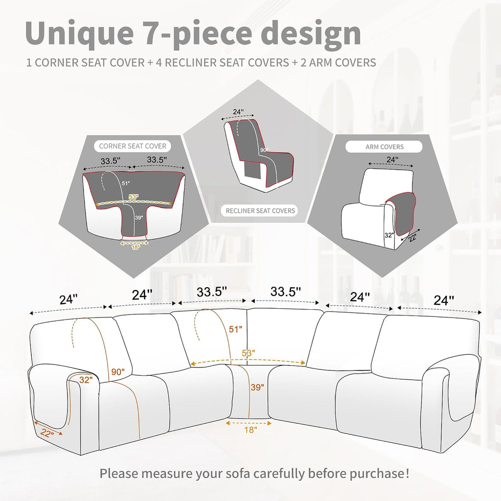 Waterproof Sectional Reclining Couch Covers L Shaped Recliner Sectional Sofa Cover 7 Piece Non Slip Washable Corner Recliner Slipcover Set for Pet Dog (5 Seater Cover, Beige)