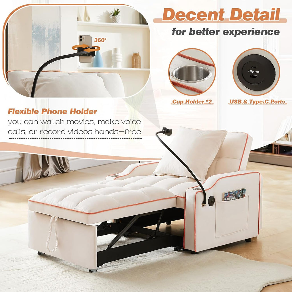 Antetek Sleeper Sofa Chair Bed with Charging Ports & Phone Holder & Cup Holder, Modern Velvet 3 in 1 Convertible Pull Out Single Sofa Chair Bed for Small Spaces Apartment, Beige
