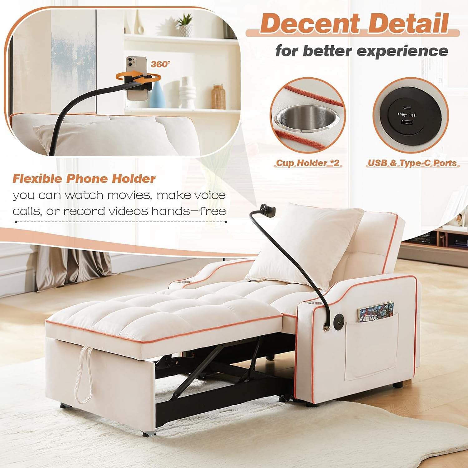 Antetek Sleeper Sofa Chair Bed with Charging Ports & Phone Holder & Cup Holder, Modern Velvet 3 in 1 Convertible Pull Out Single Sofa Chair Bed for Small Spaces Apartment, Beige