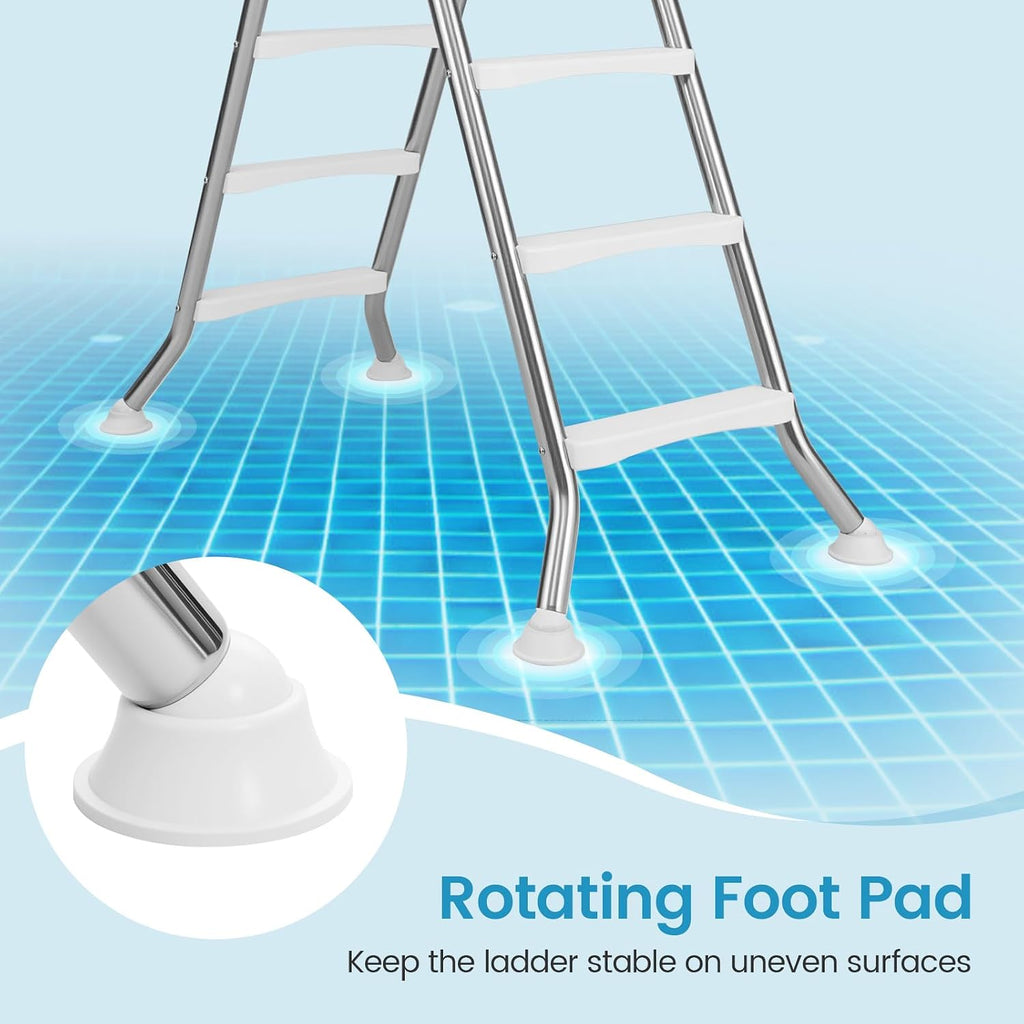 Goplus 4-Step Steel Frame Above Ground Swimming Pool Ladder for 55' Pool Wall Heights, Double-Sided Entry & Exit Ladder w/Non-Slip Steps, Top Platform, Rotating Foot Pads