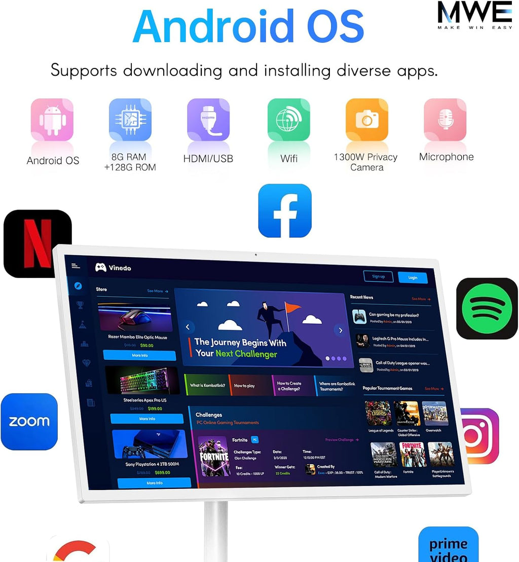 24 Inch Portable TV on Wheels, MWE 2K Smart Touch Screen Rolling TV LCD Display with Wires plugged in use, Android OS, Type-C, USB, HDMI Port, Support Wireless Mouse Keyboard