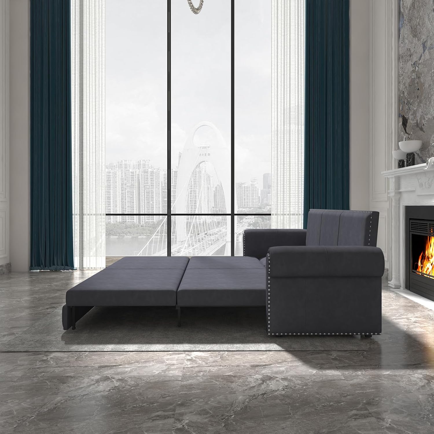 93.7' King Pull Out Sofa Bed, 3 in 1 Convertible Sleeper Sofa Couch 3-Seater, Velvet Folding Loveseat Sleeper Sofa with Deep Seat, Nailhead Trim & Rolled Arm for Living Room (Light Grey)