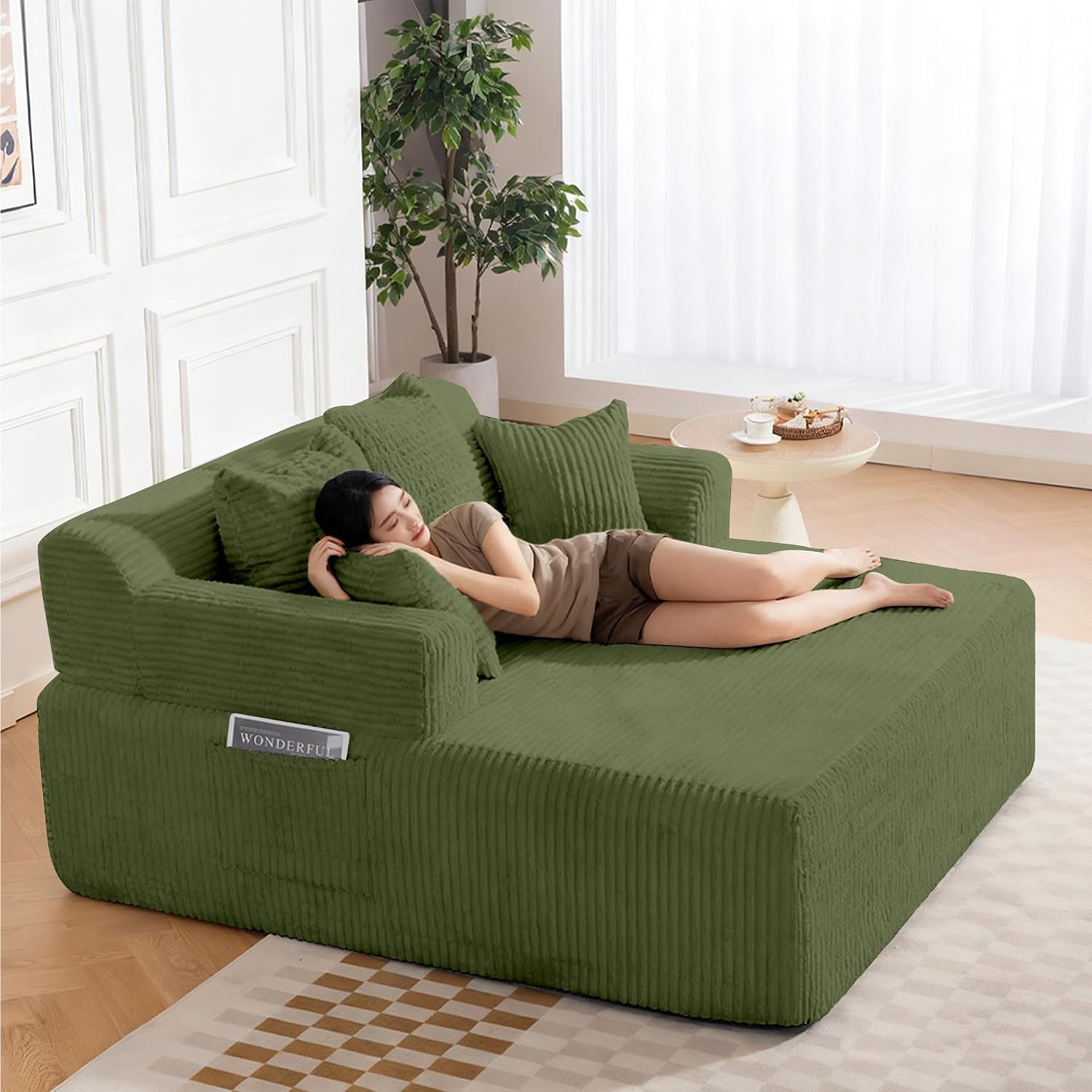 58' Chaise Lounge Chair Indoor, Green - Oversized Corduroy Boneless Sleeper Sofa Bed with Armrests and 4 Pillows, No Assembly for Living Room