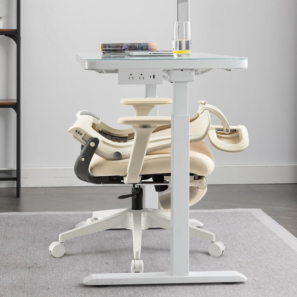 Foldable Office Chair with Foot Rest, Ergonomic Office Chair with Adjustable Lumbar Support, Headrest, Armrest, Home Office Desk Chair for Space Saving, Work from Home, Cream