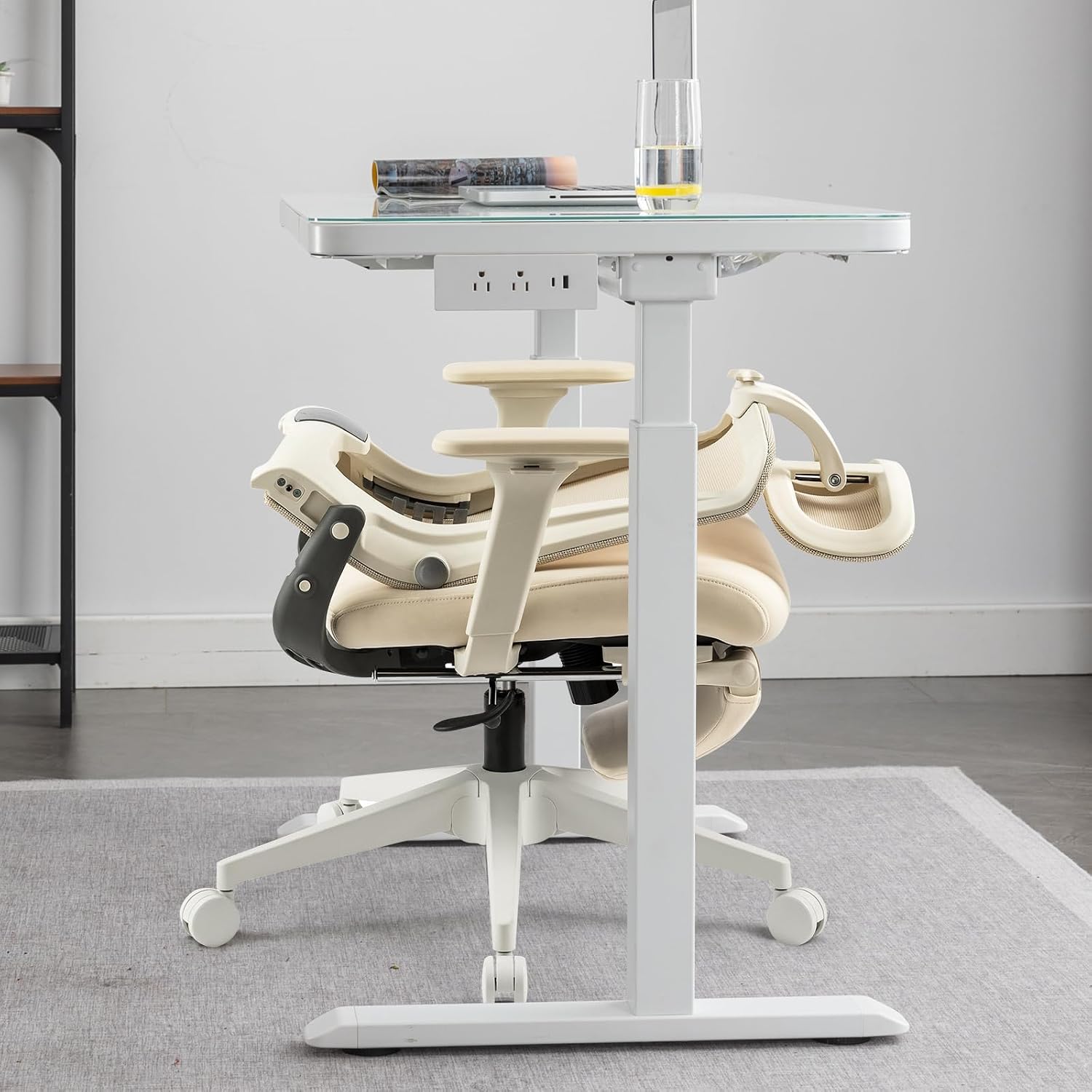 Foldable Office Chair with Foot Rest, Ergonomic Office Chair with Adjustable Lumbar Support, Headrest, Armrest, Home Office Desk Chair for Space Saving, Work from Home, Cream
