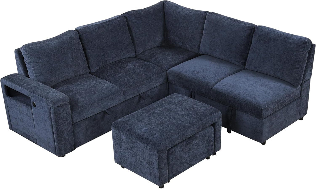 LUMISOL 90' Convertible Sleeper Sofa Bed with Pull-Out Bed & Ottoman, L-Shaped Sectional Sofa Bed with USB Ports, Cup Holders & Storage, Corner Sofa Couch with Storage Chaise for Living Room, Blue
