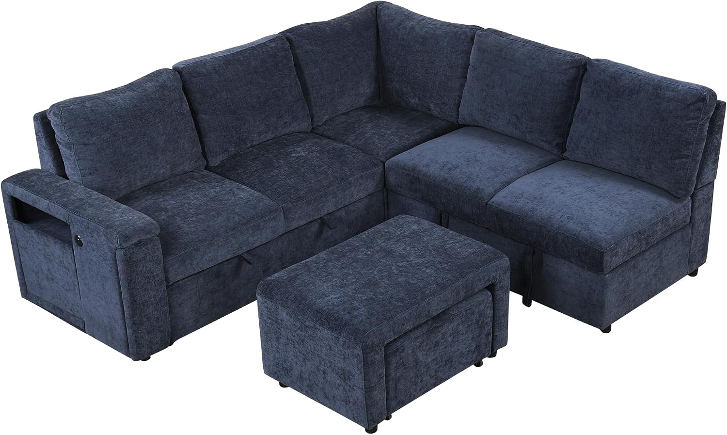 LUMISOL 90' Convertible Sleeper Sofa Bed with Pull-Out Bed & Ottoman, L-Shaped Sectional Sofa Bed with USB Ports, Cup Holders & Storage, Corner Sofa Couch with Storage Chaise for Living Room, Blue