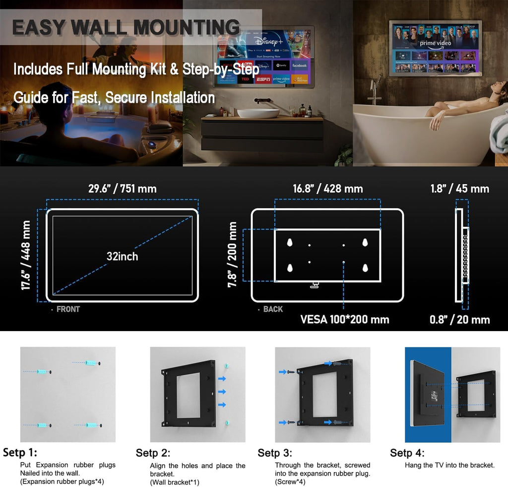 Haocrown 32' 4K Ultra HD Smart Bathroom Mirror TV, IP66 Waterproof, Android 13 System with Voice Remote,ATSC Tuner, 500 cd/㎡ High Brightness (Black Frame, 2025 Model)