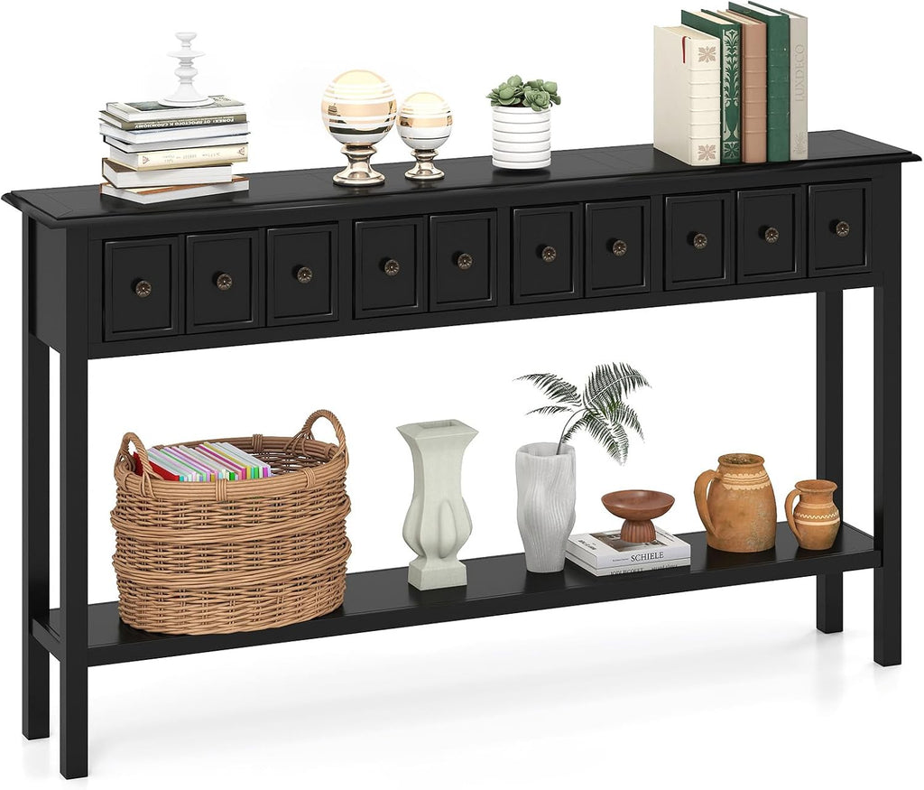 Giantex 60' Entryway Table, Long Narrow Console Table with 4 Drawers and Open Storage Shelf, Modern Slim Entry Tables, Farmhouse Wooden Sofa Tables with Anti-Tip Kit for Living Room, Hallway (Black)