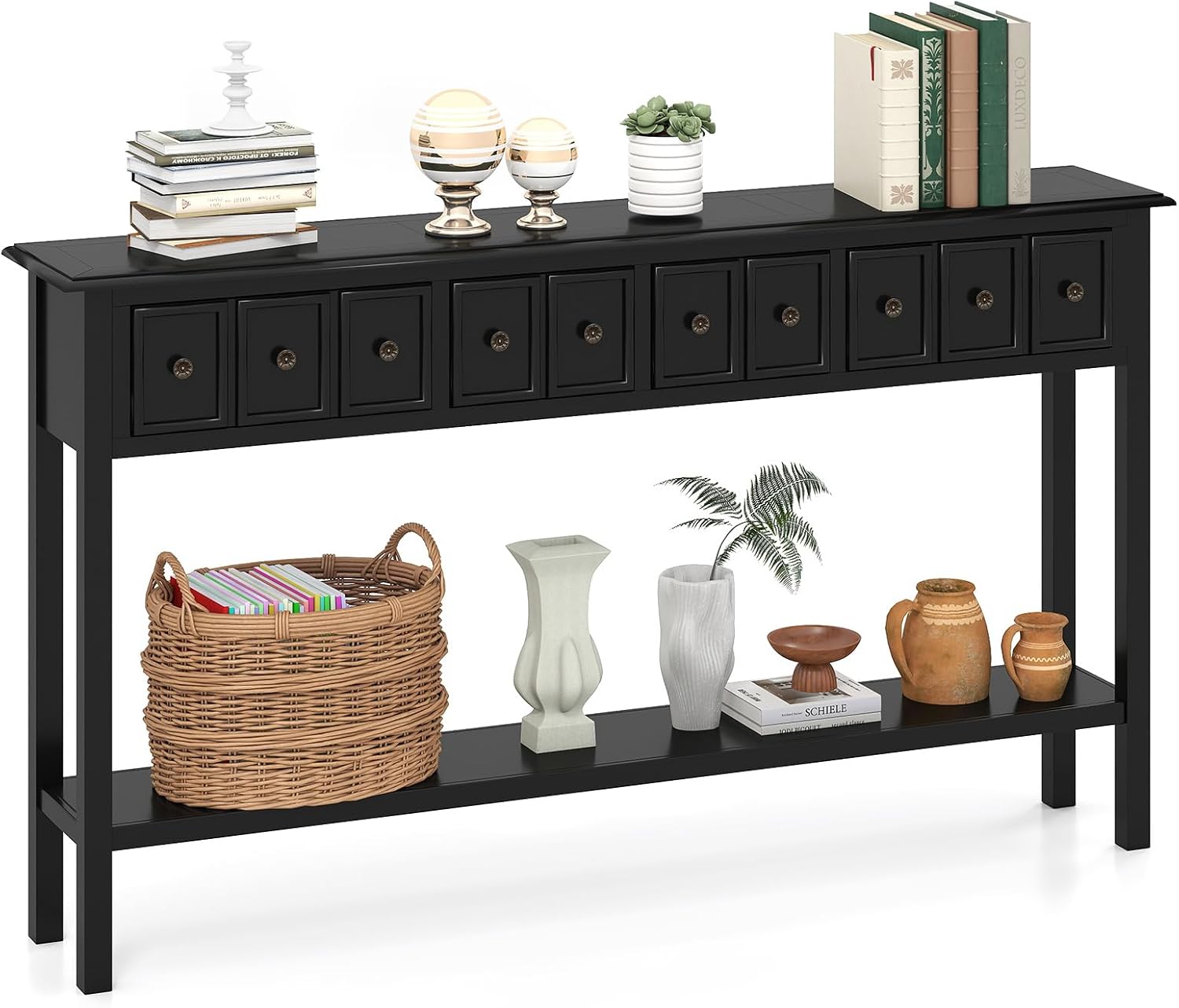 Giantex 60' Entryway Table, Long Narrow Console Table with 4 Drawers and Open Storage Shelf, Modern Slim Entry Tables, Farmhouse Wooden Sofa Tables with Anti-Tip Kit for Living Room, Hallway (Black)