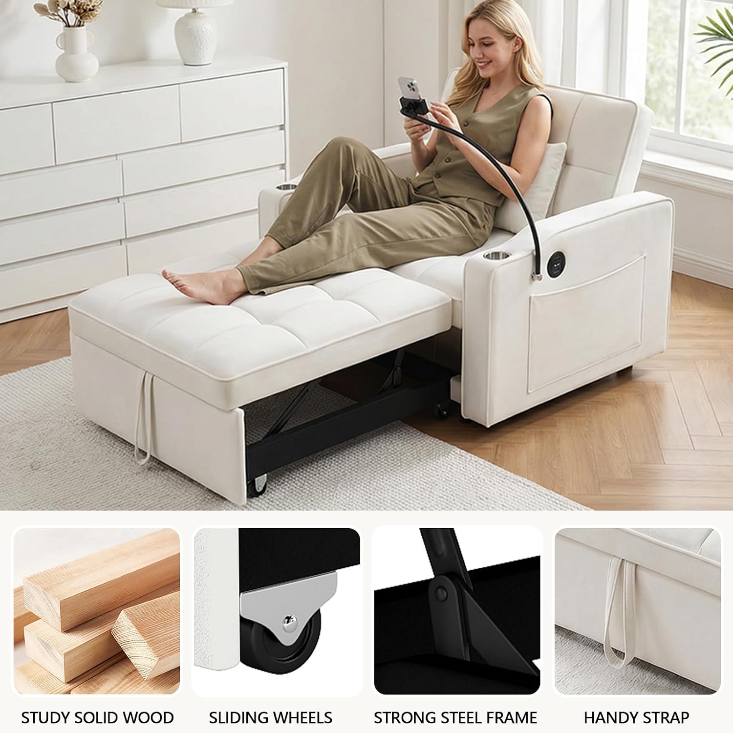 Majnesvon Modern Velvet Fabric Sofa Bed Futon,3 in 1 Convertible Pullout Bed Couches with 3 Reclining Backrests,Phone Stand,Small Sofa Single Sleeper Chair Bed for Living Room Bedroom (Beige)