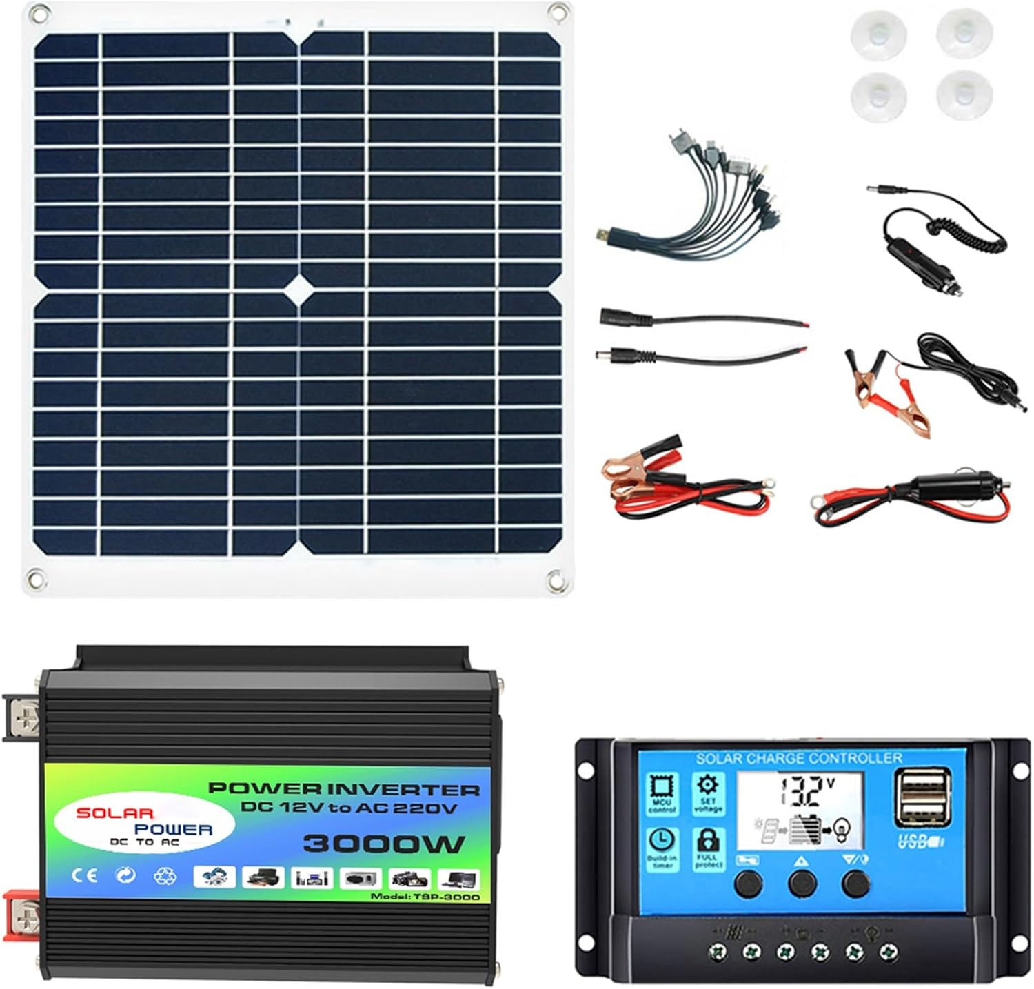 50W 12V Solar Panel Kit with 3000W Inverter, 50A Charge Controller, Off-Grid Solar Generator for Home, RV & Camping - 12V to 110V/220V (Black)
