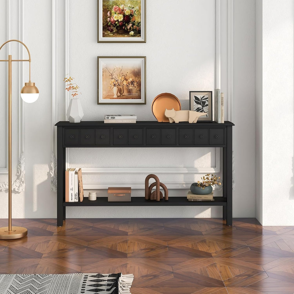Giantex Narrow Console Table with Storage - 60' Long Sofa Side Table w/ 4 Drawers & Open Shelf, Solid Wood Legs, Rectangular Entry Table, Retro Entryway Table for Living Room Hallway, Foyer, Black