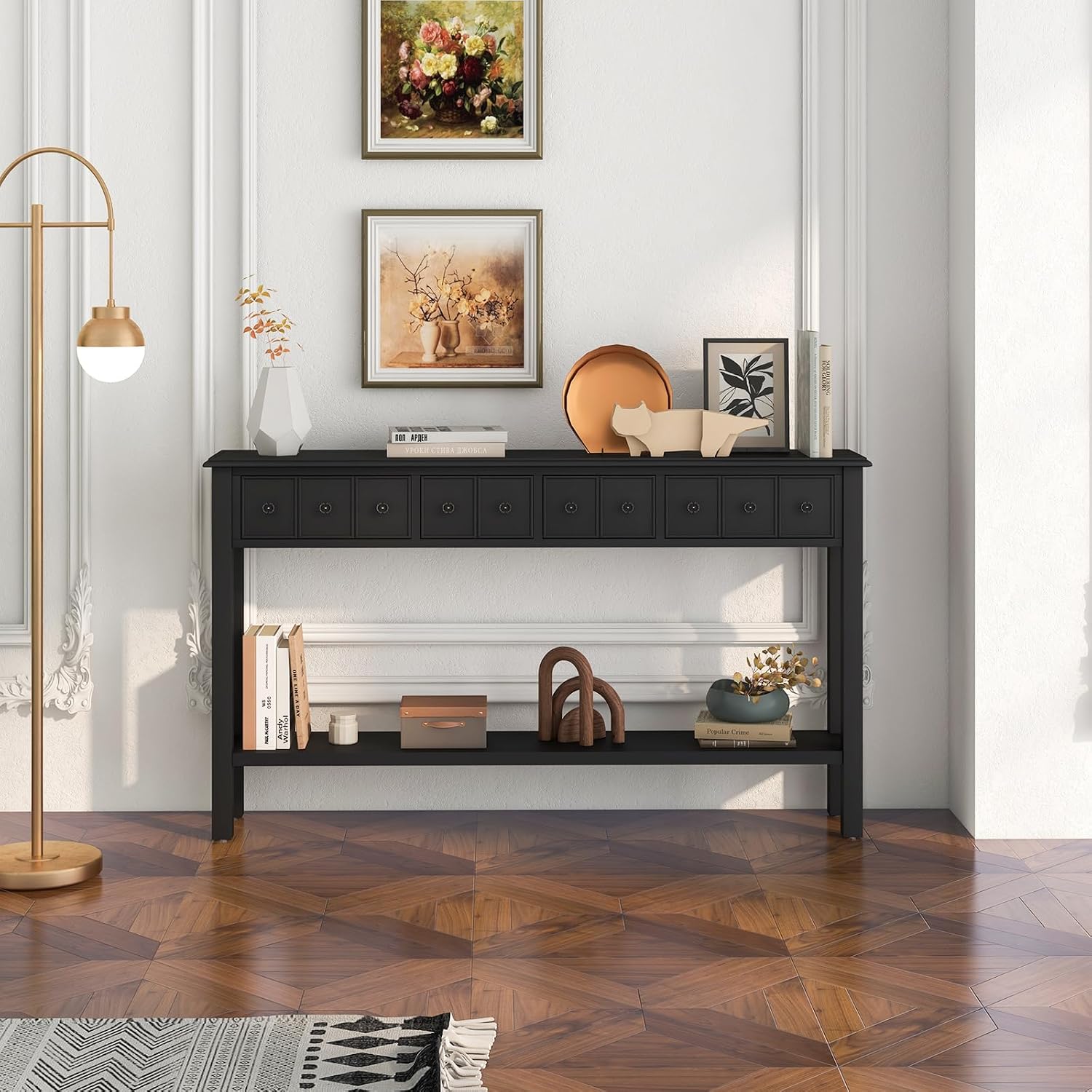 Giantex Narrow Console Table with Storage - 60' Long Sofa Side Table w/ 4 Drawers & Open Shelf, Solid Wood Legs, Rectangular Entry Table, Retro Entryway Table for Living Room Hallway, Foyer, Black