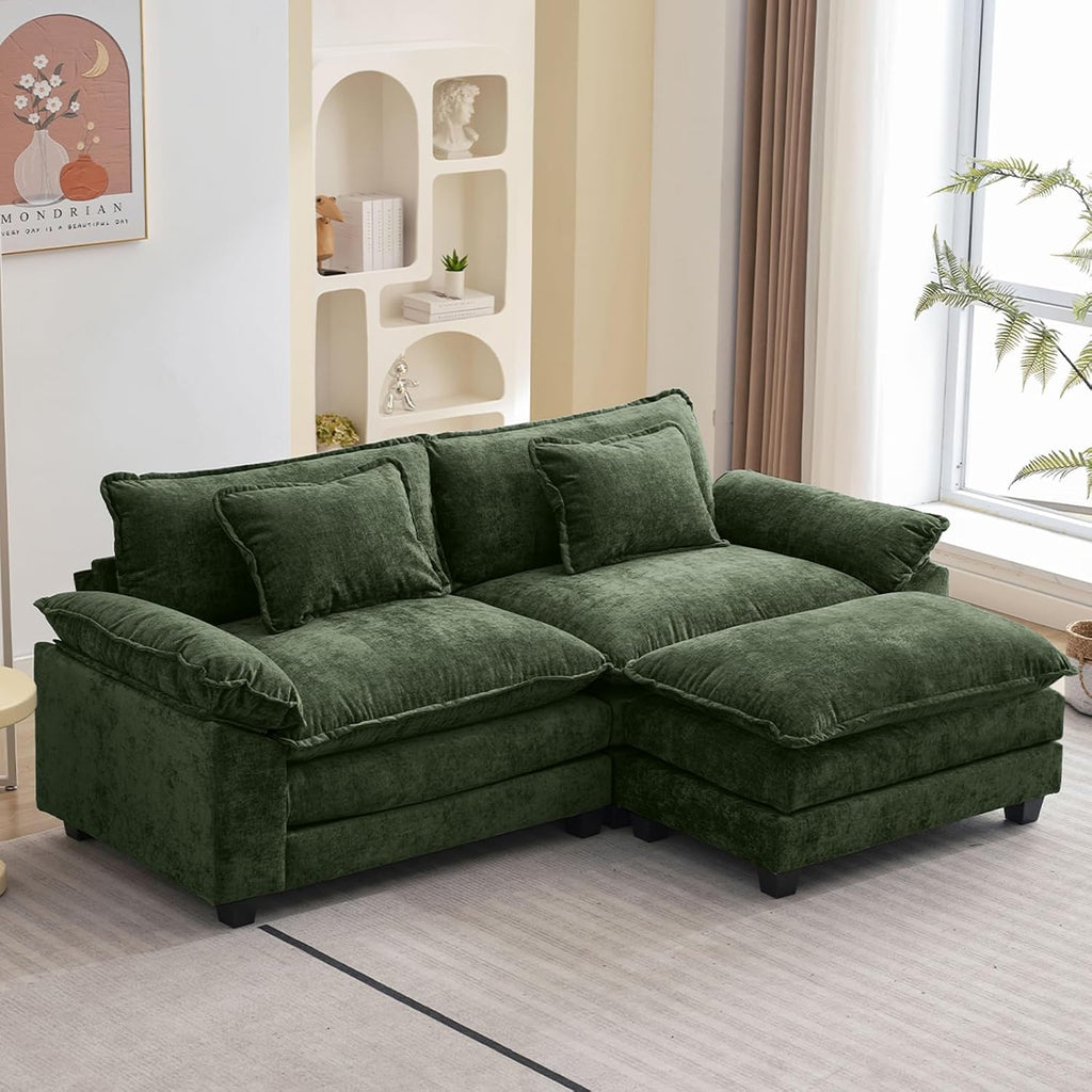 Oprisen 86' Modular Sectional Sofa, Comfy Cloud Couch Sectional Sofa with Ottoman, Chenille Sofa Sleeper Deep Seat Sofa with Throw Pillows for Living Room (Green, 86'- L Shape)