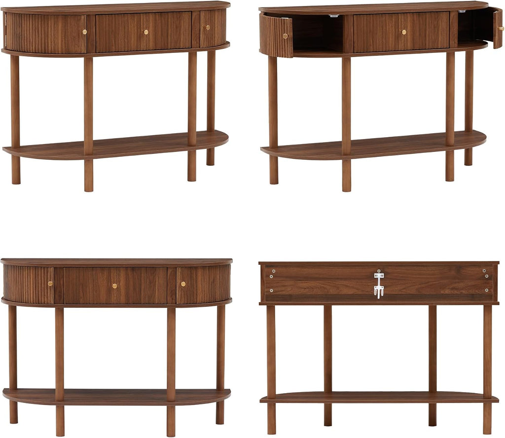 XUZENEST 43.3' Fluted Half Moon Console Table, Modern Entryway Console Sofa Table with Storage, Narrow Wood Accent Tables Behind Couch Tables for Living Room, Hallway, Foyer(Walnut)