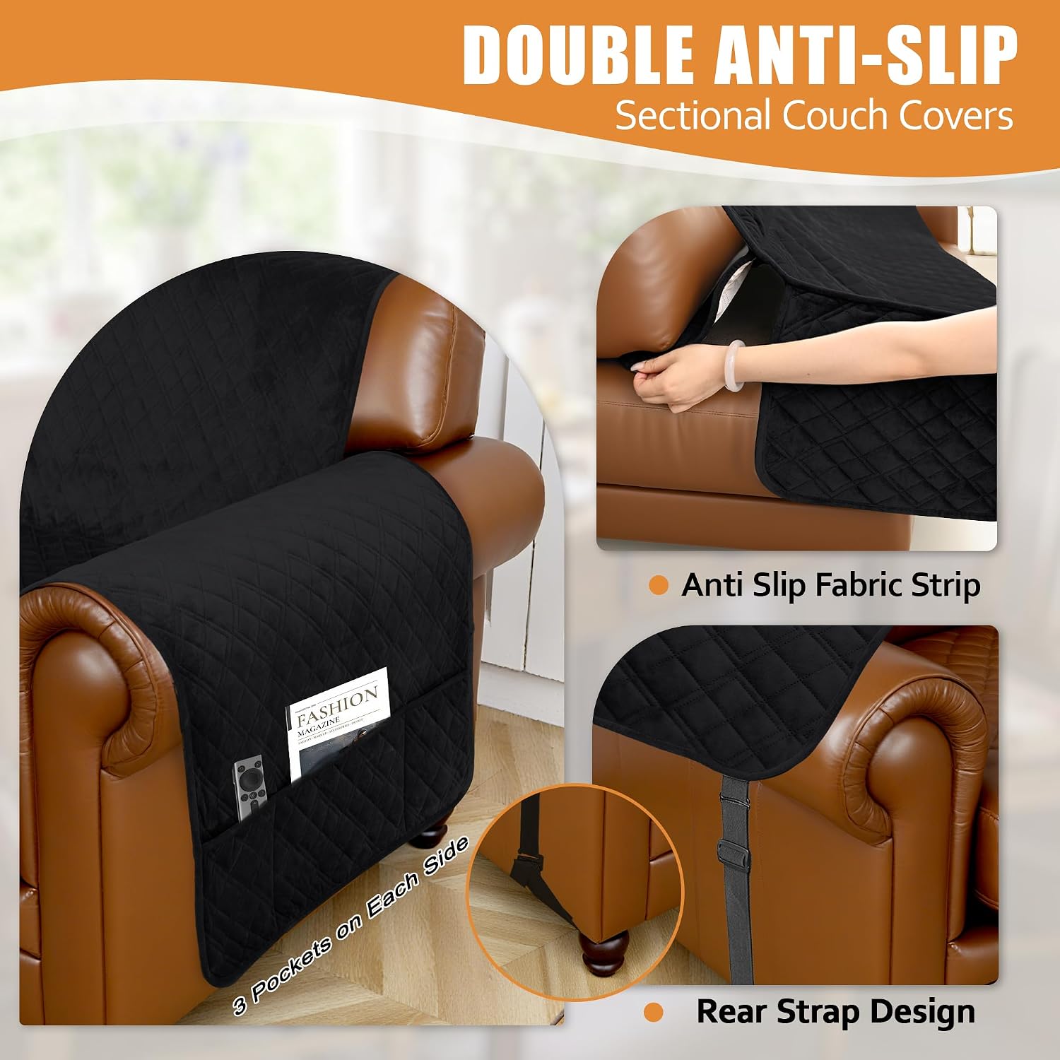 Arfntevss Waterproof Sectional Couch Covers L Shape Washable Velvet Sofa Cover for Sectional Non Slip Large Corner Slipcovers Dog 6 Pcs Universal U Shaped Furniture Protector (Black, XX-Large)