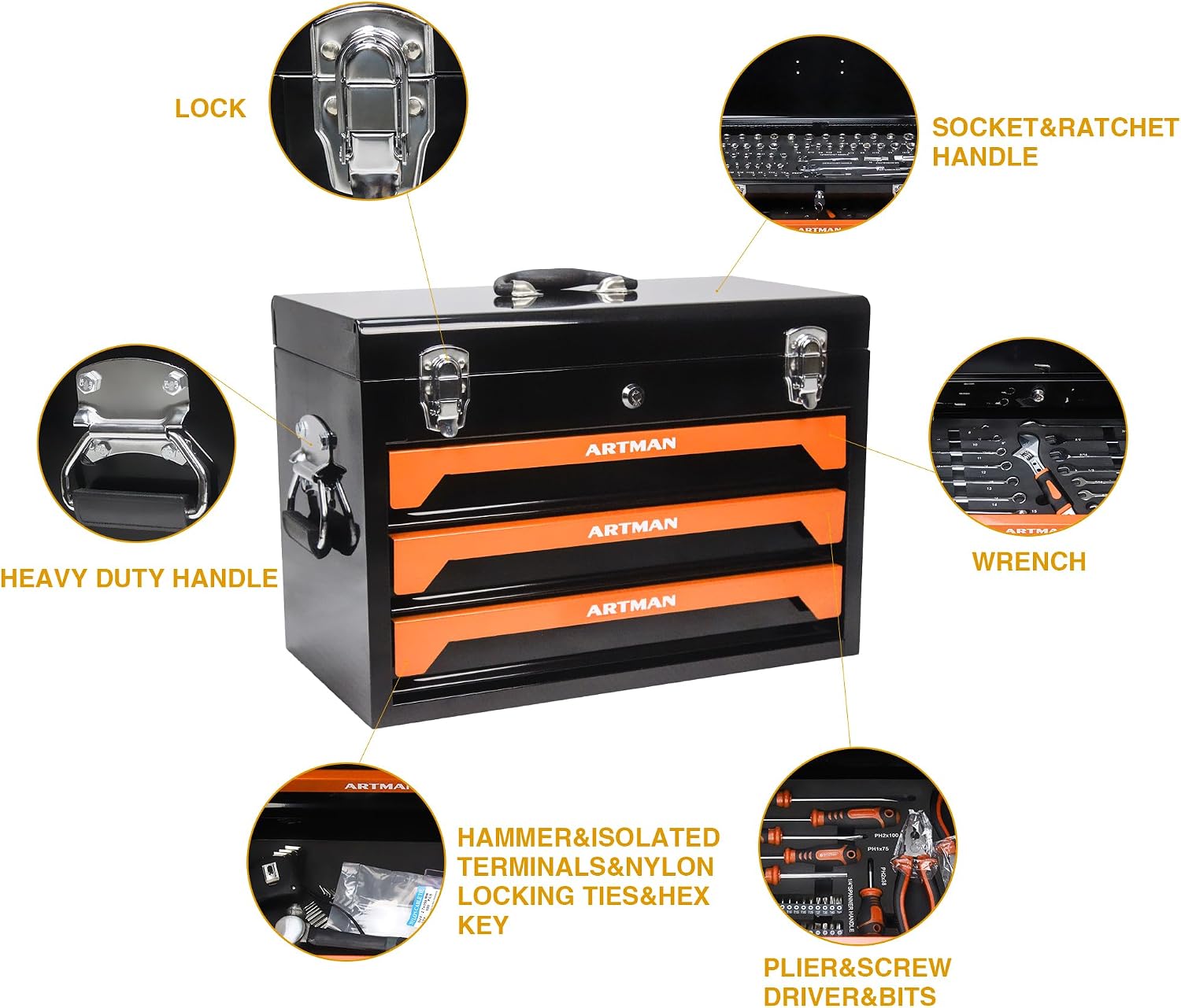 439 Piece Mechanics Tool Set, 3 Drawer Heavy Duty Metal Box with Household Tool Kit, Portable Tool Organizer Case for Auto Repair, Garage, Warehouse, Workshop, Repair Shop (Orange & Black)