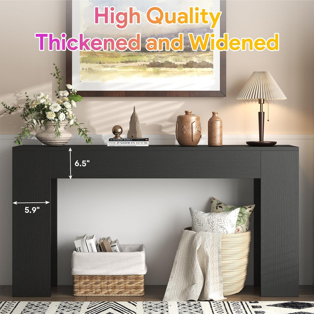 knoworld 63-Inch Long Console Table with LED Light, Farmhouse Sofa Table Behind Couch, Wooden Console Table for Entryway Hallway Entrance Living Room, Black