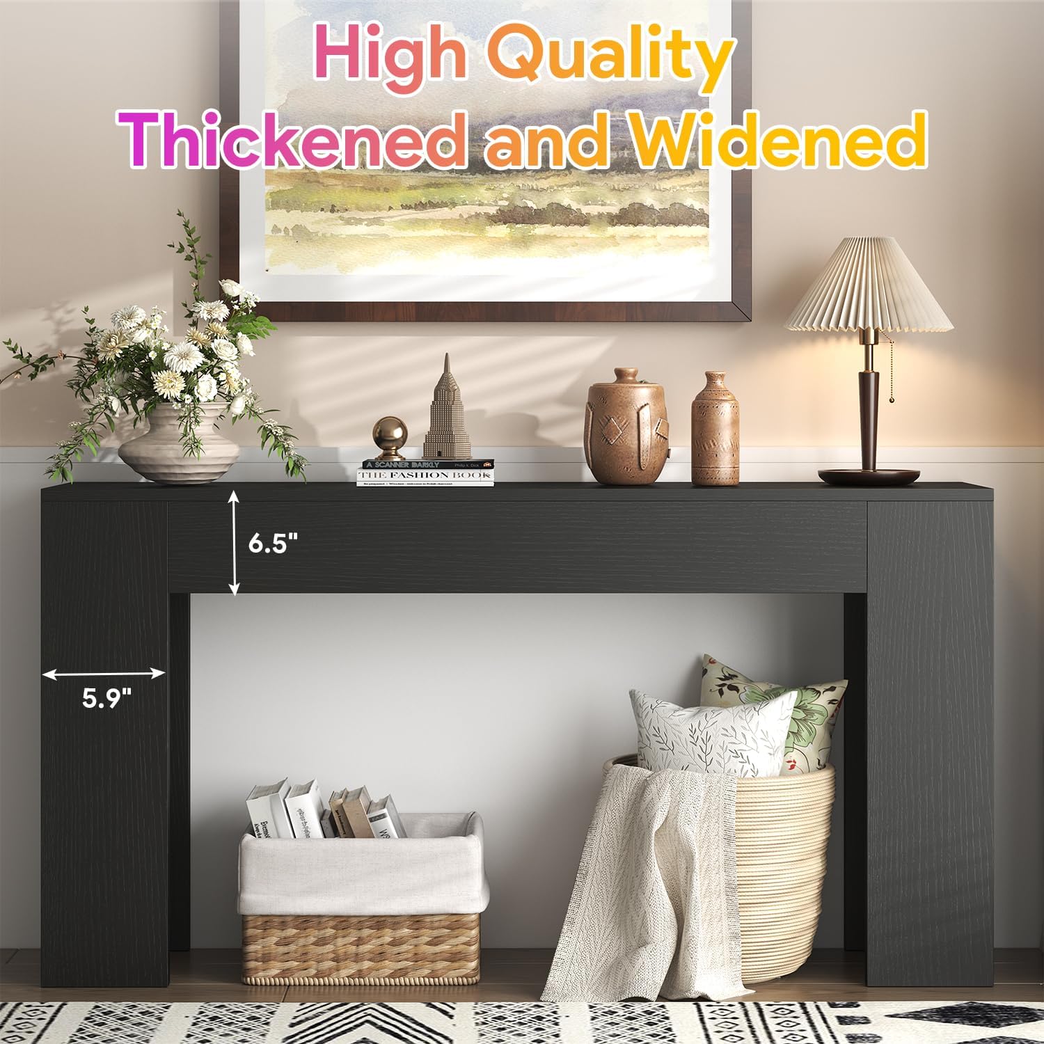 knoworld 63-Inch Long Console Table with LED Light, Farmhouse Sofa Table Behind Couch, Wooden Console Table for Entryway Hallway Entrance Living Room, Black
