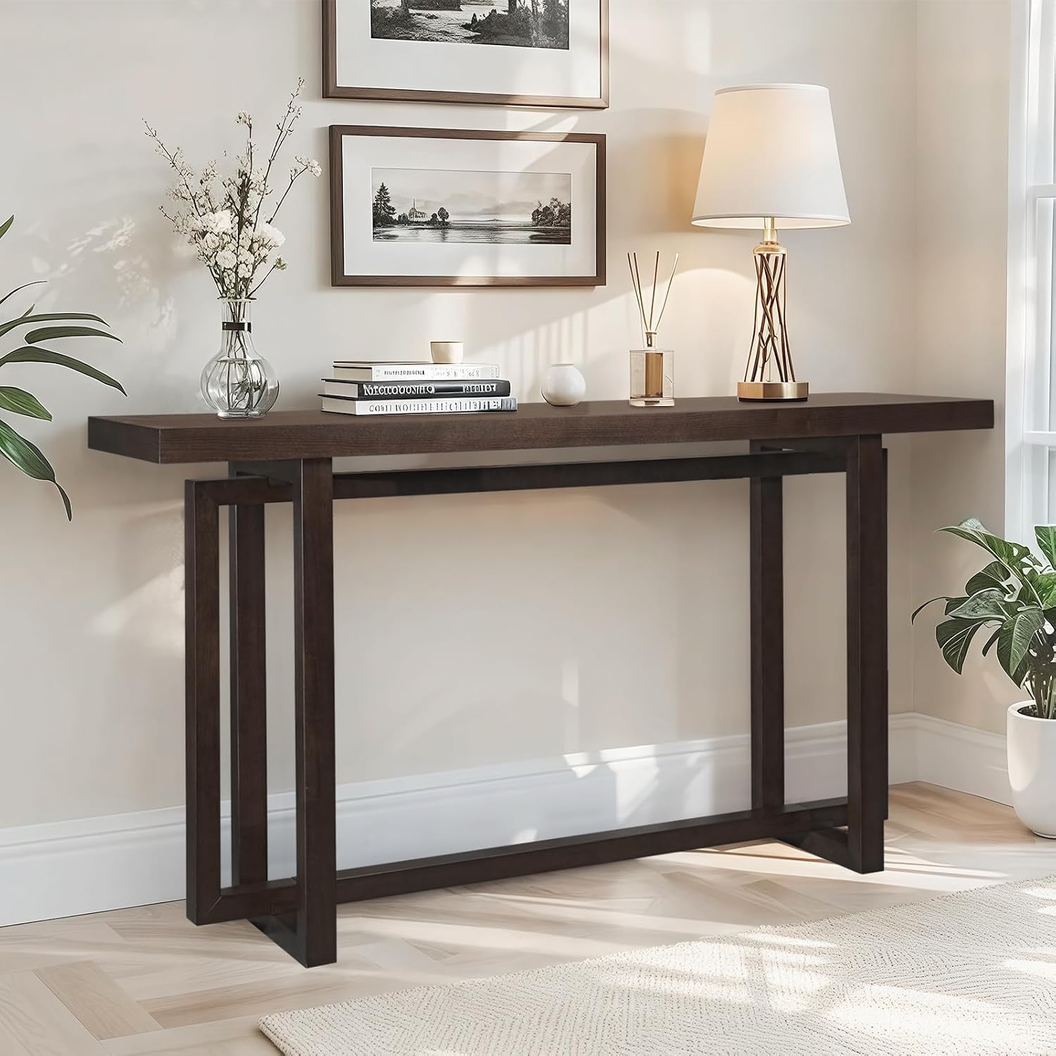 LKTART 59.05-Inch Long Behind Couch Sofa Table for Living Room, Farmhouse Console Table with Storage, Narrow Accent Entryway Tables for Hallway Entrance Foyer (Espresso)