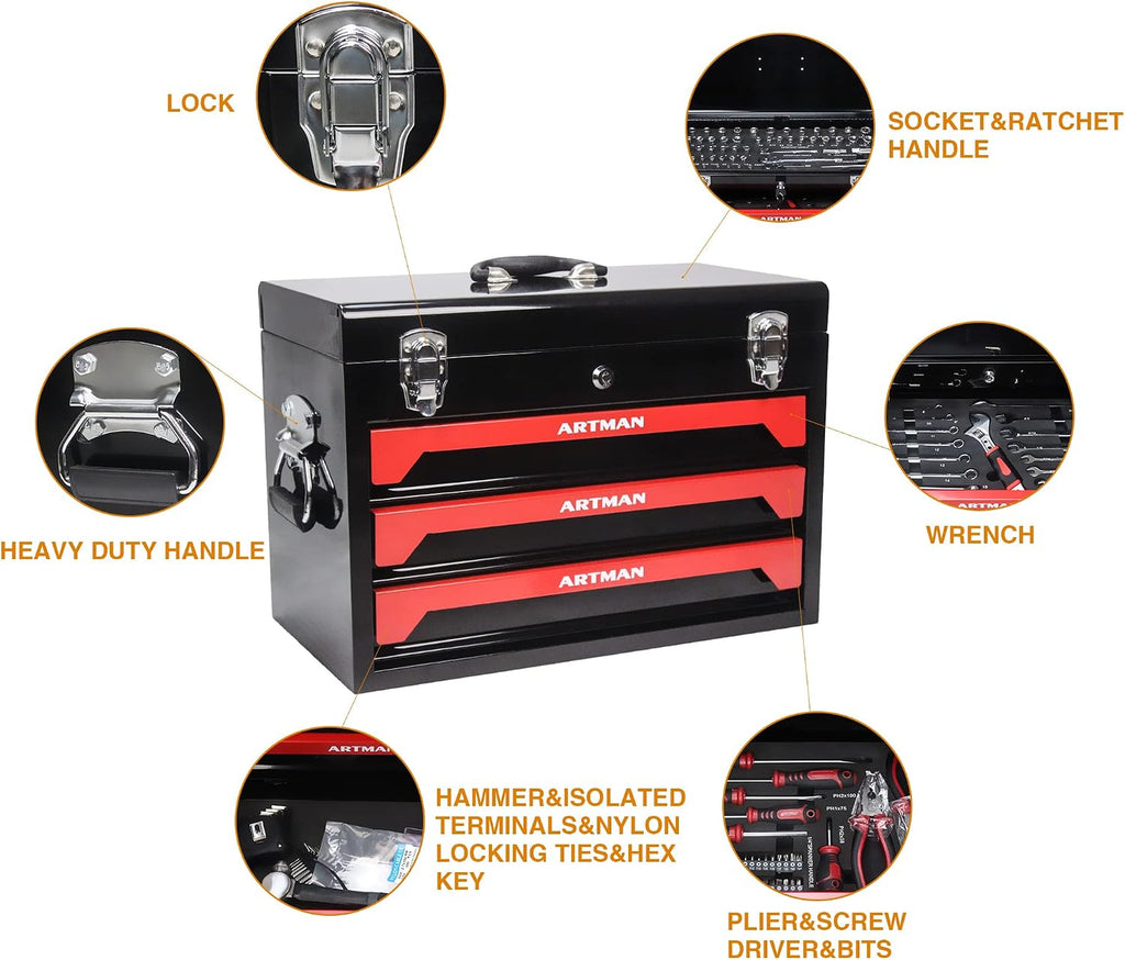 439 Piece Mechanics Tool Set, 3 Drawer Heavy Duty Metal Box with Household Tool Kit, Portable Tool Organizer Case for Auto Repair, Garage, Warehouse, Workshop, Repair Shop (Red & Black)