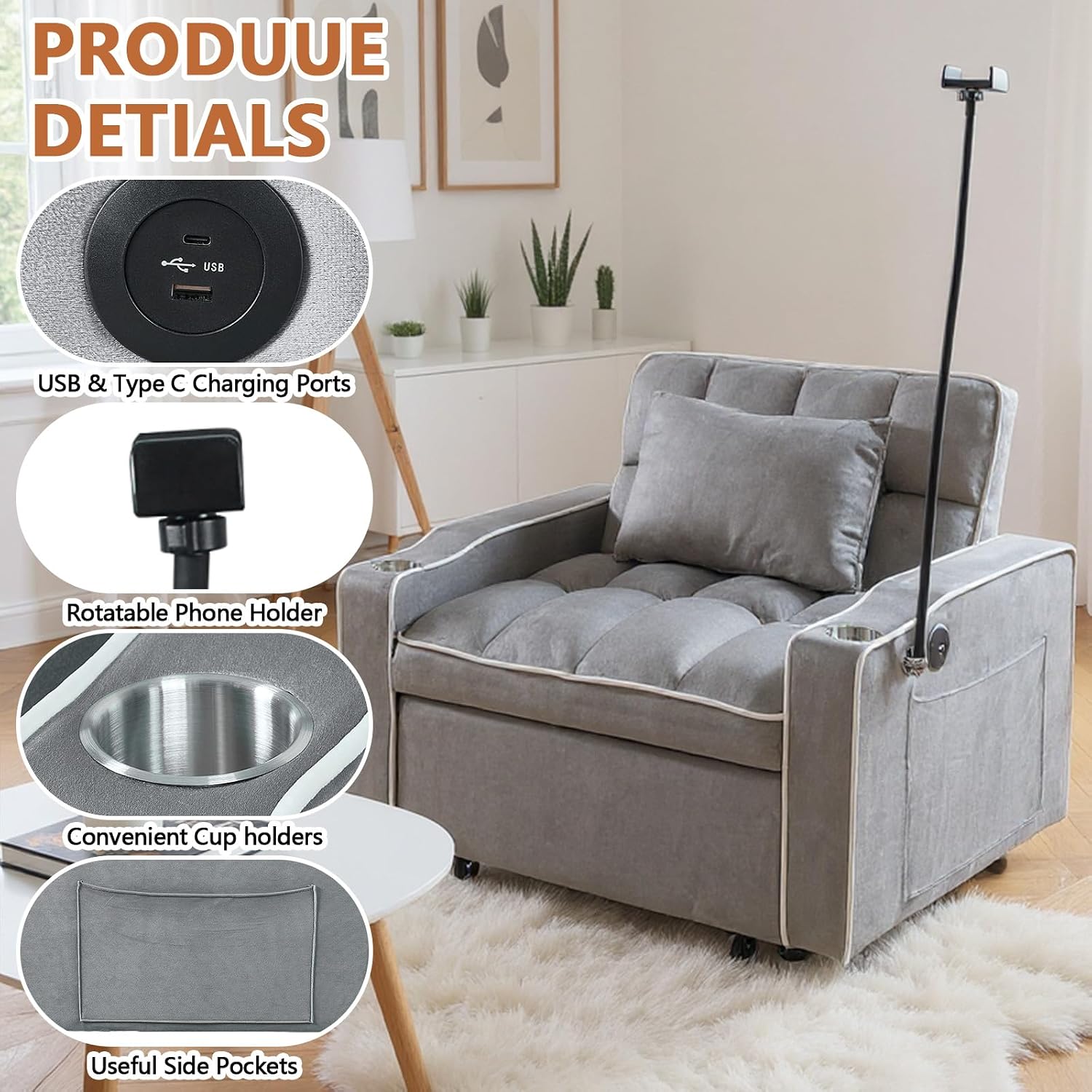 Majnesvon Modern Velvet Fabric Sofa Bed Futon,3 in 1 Convertible Pullout Bed Couches with 3 Reclining Backrests,Phone Stand,Small Sofa Single Sleeper Chair Bed for Living Room Bedroom (Grey)