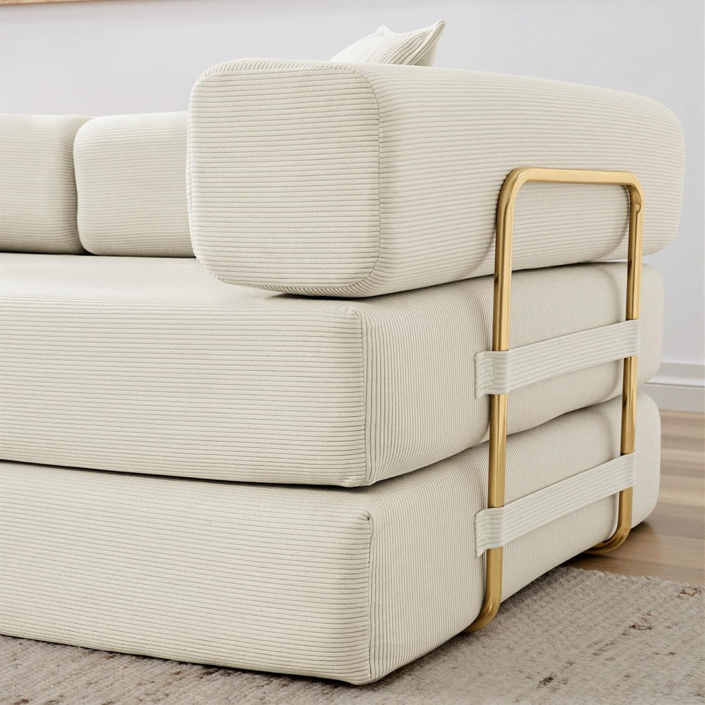 Antetek Modular Couch Bed, Convertible Folding Plush Corduroy Comfy Floor Memory Foam Compression Loveseat Sleeper Sofa Couch, King Size Bed for Guest Room Living Room Bedroom, No Assembly, Cream