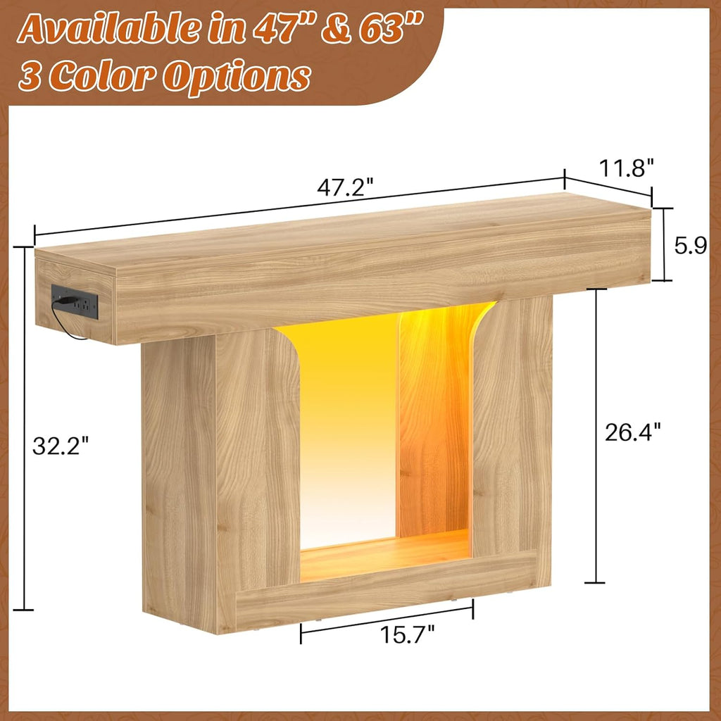 Homieasy Console Table, 47' Entryway Table with LED Lights & Charging Station, Farmhouse Wooden Sofa Table Behind Couch, Narrow Hallway Table for Living Room, Foyer, Entry, Natural Oak