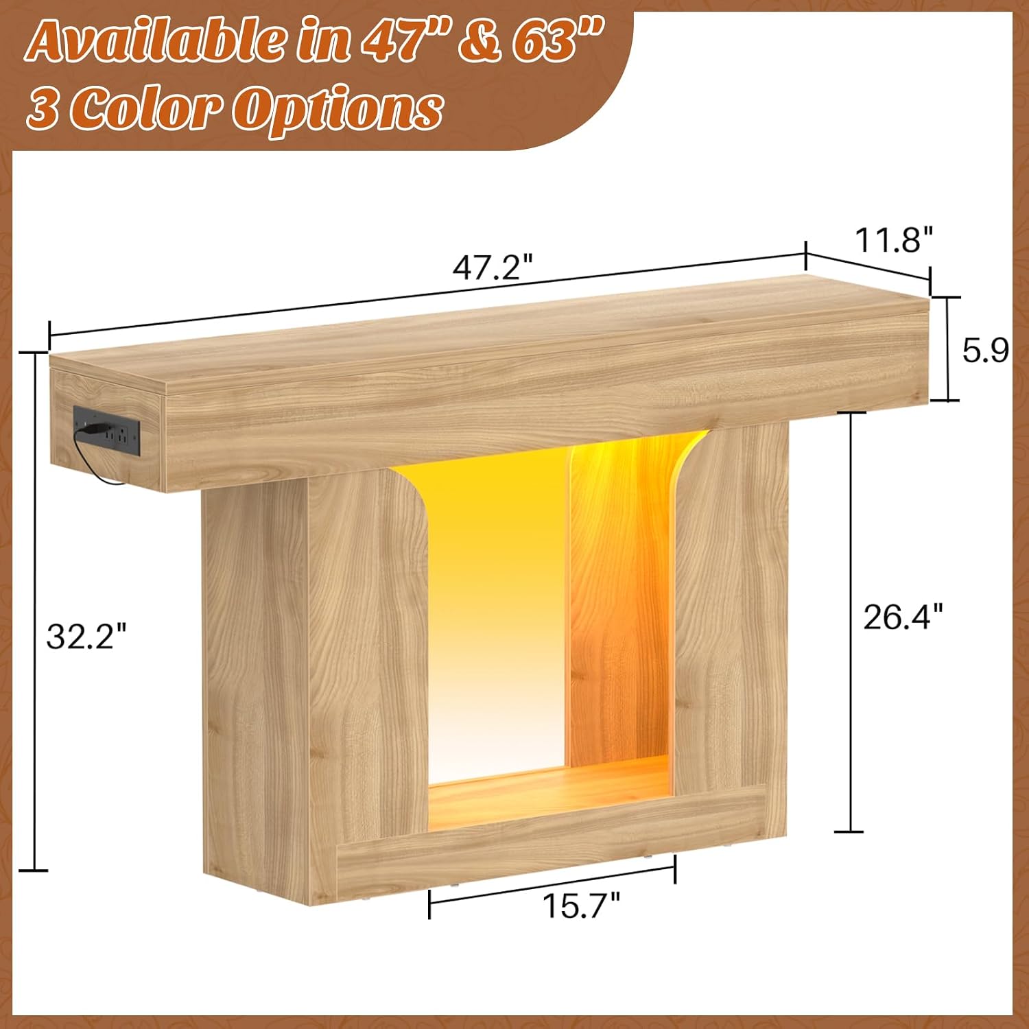 Homieasy Console Table, 47' Entryway Table with LED Lights & Charging Station, Farmhouse Wooden Sofa Table Behind Couch, Narrow Hallway Table for Living Room, Foyer, Entry, Natural Oak