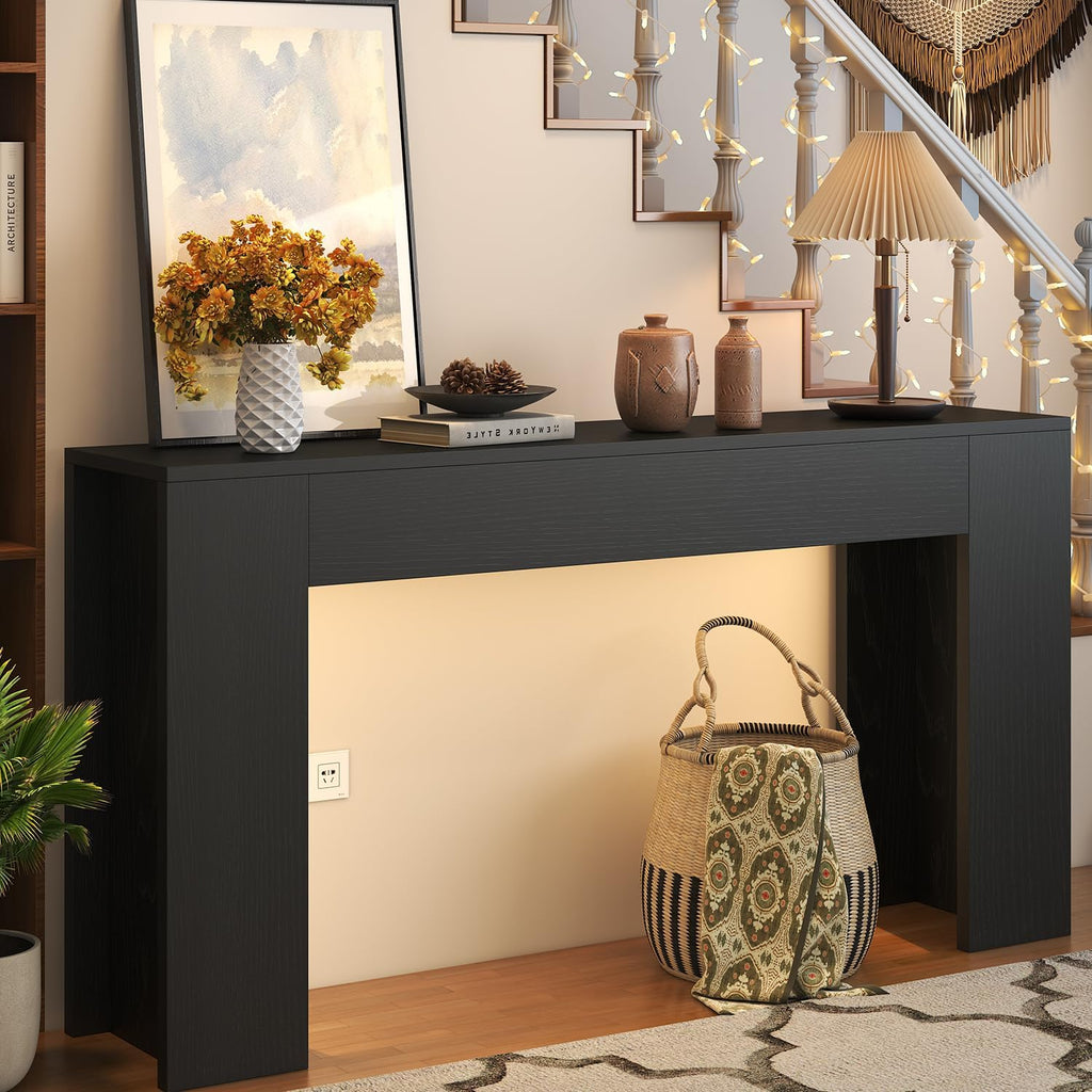 knoworld 63-Inch Long Console Table with LED Light, Farmhouse Sofa Table Behind Couch, Wooden Console Table for Entryway Hallway Entrance Living Room, Black